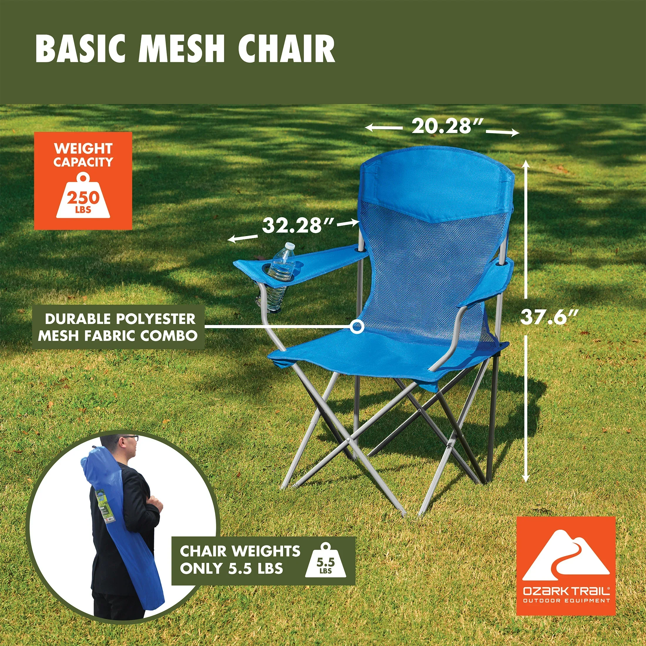 Ozark Trail Basic Mesh Chair Blue, Adult, 32.28in x 20.28in x 37.60in - Image 4