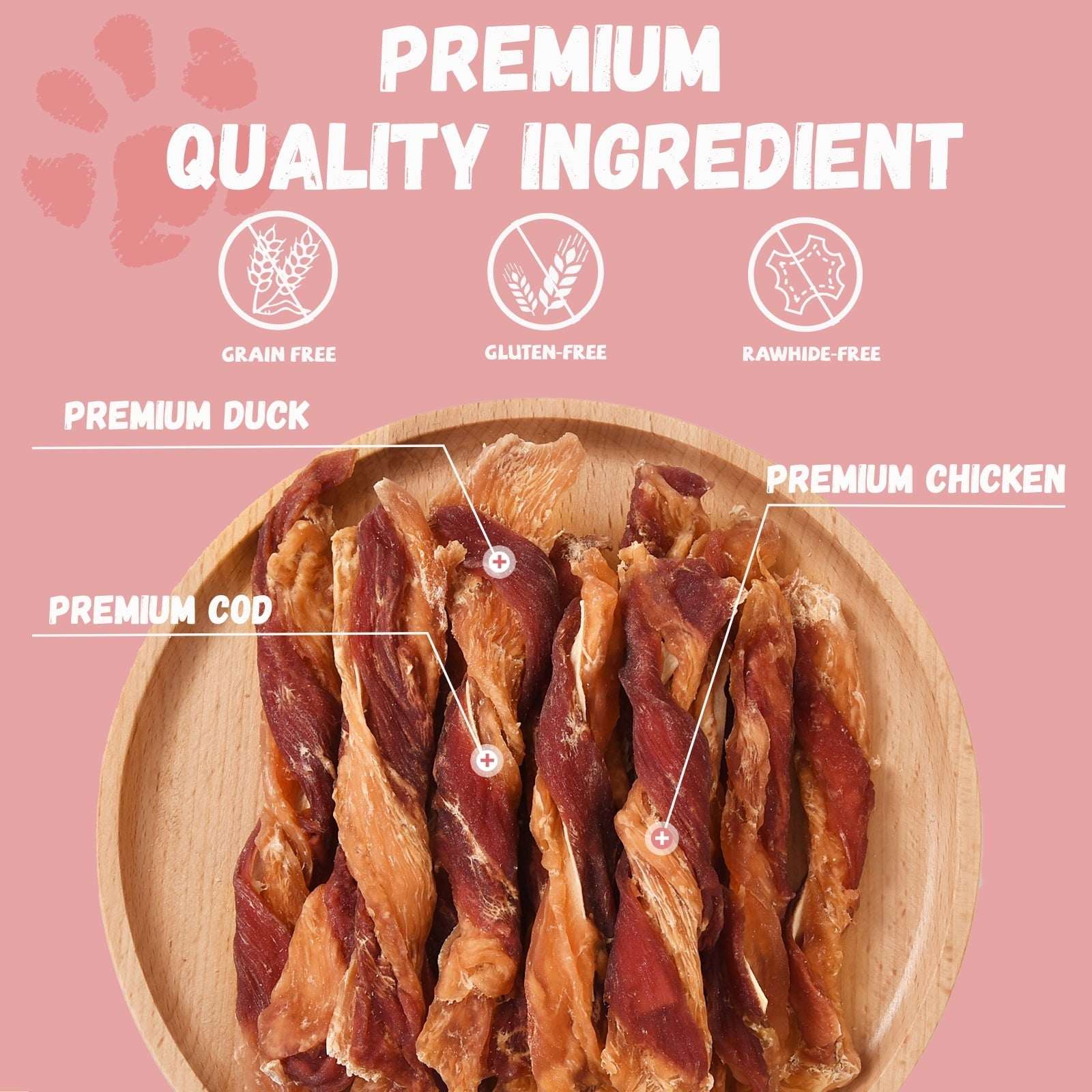 Pawmate Chicken Jerky & Duck & Cod Twist Dog Treats, Premium Pure Meat Snacks for All Dogs, 28-29 Count - Image 4