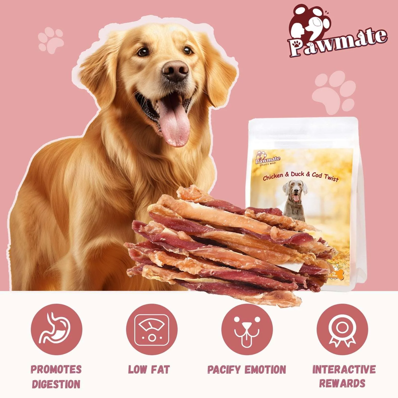 Pawmate Chicken Jerky & Duck & Cod Twist Dog Treats, Premium Pure Meat Snacks for All Dogs, 28-29 Count - Image 6