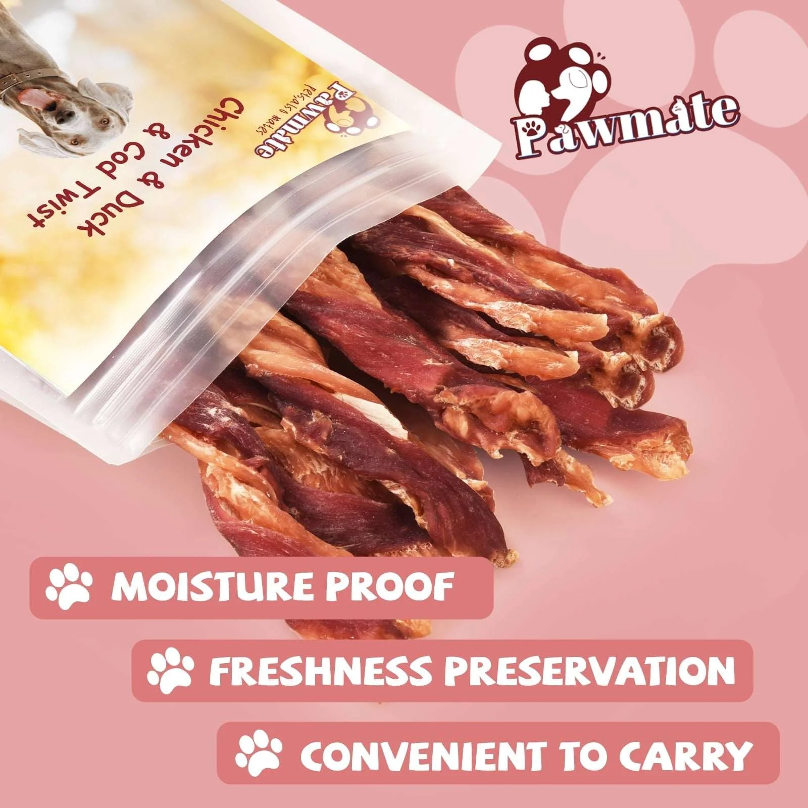 Pawmate Chicken Jerky & Duck & Cod Twist Dog Treats, Premium Pure Meat Snacks for All Dogs, 28-29 Count - Image 7