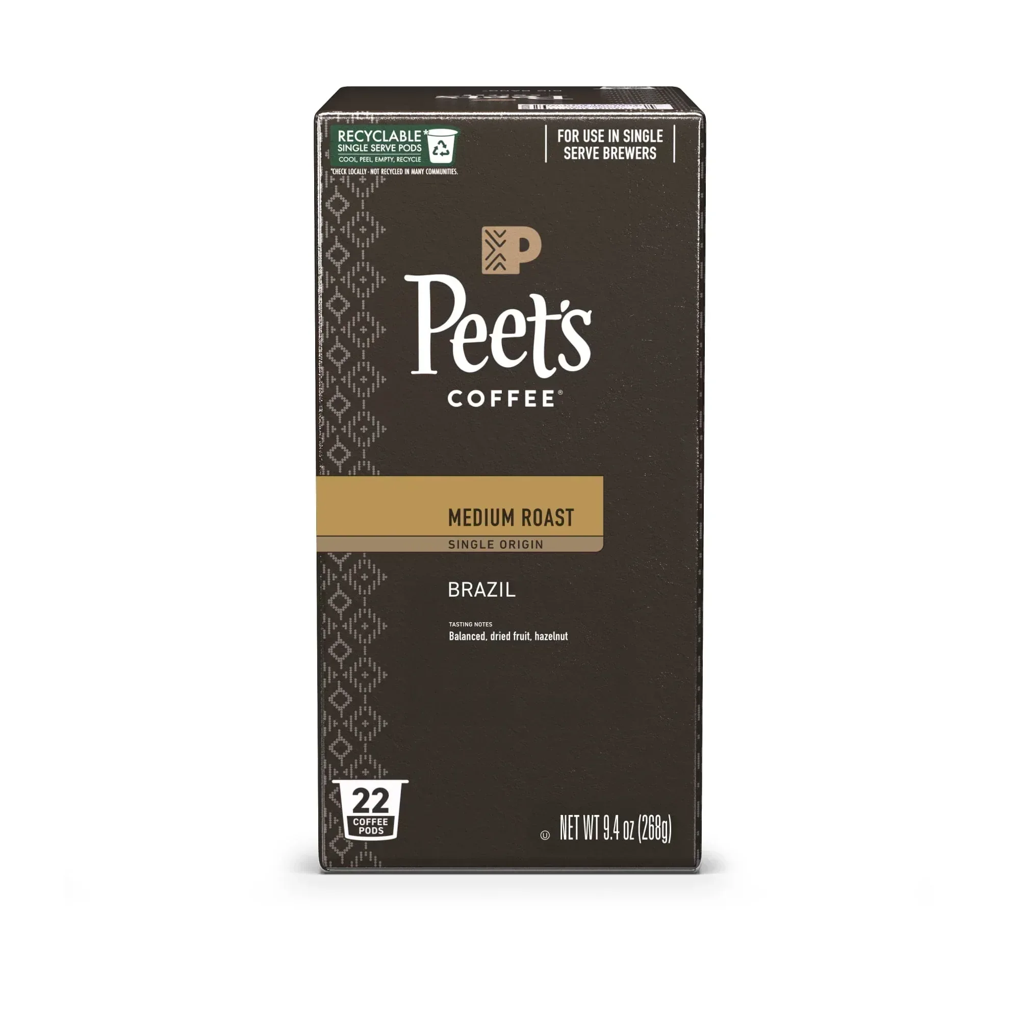 Peet's Coffee Single Origin Brazil Premium Medium Roast Single Serve Coffee Pods, 22 Count