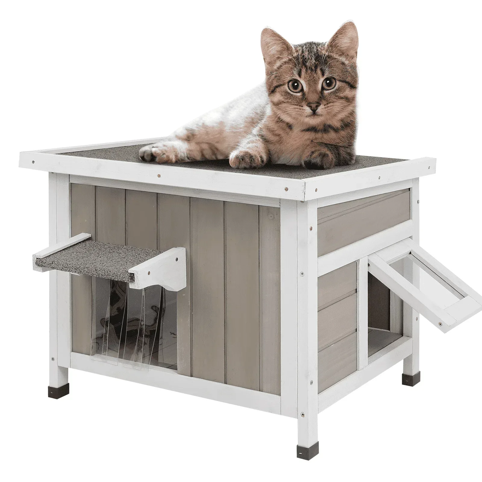 PETSCOSSET Outdoor Cat House, Weatherproof Solid Wood Cat Shelter with Openable Roof for Small Animals