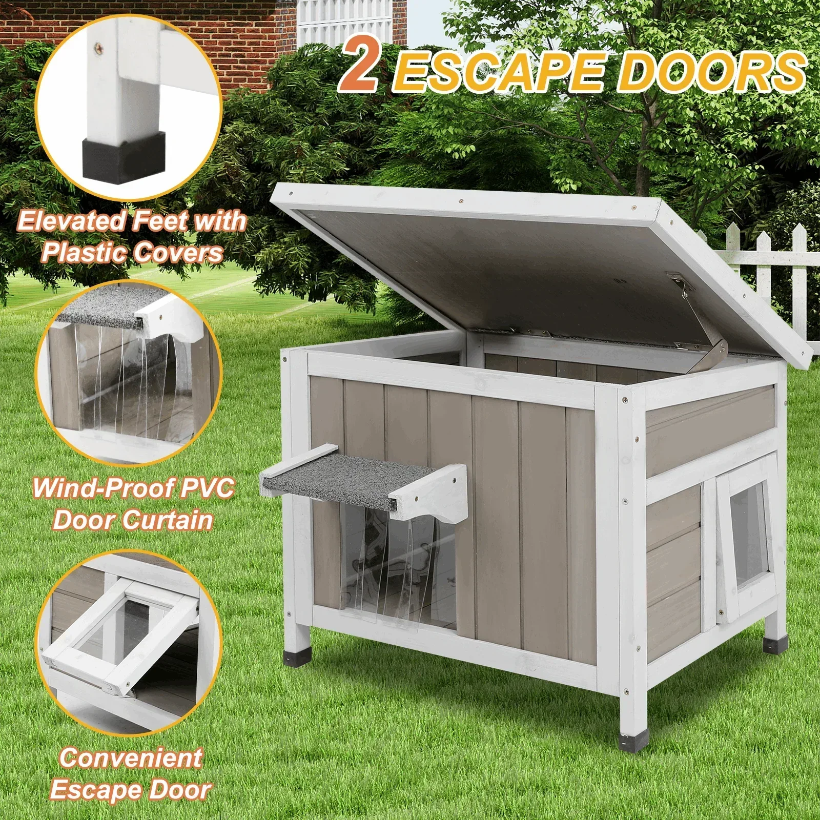 PETSCOSSET Outdoor Cat House, Weatherproof Solid Wood Cat Shelter with Openable Roof for Small Animals - Image 6