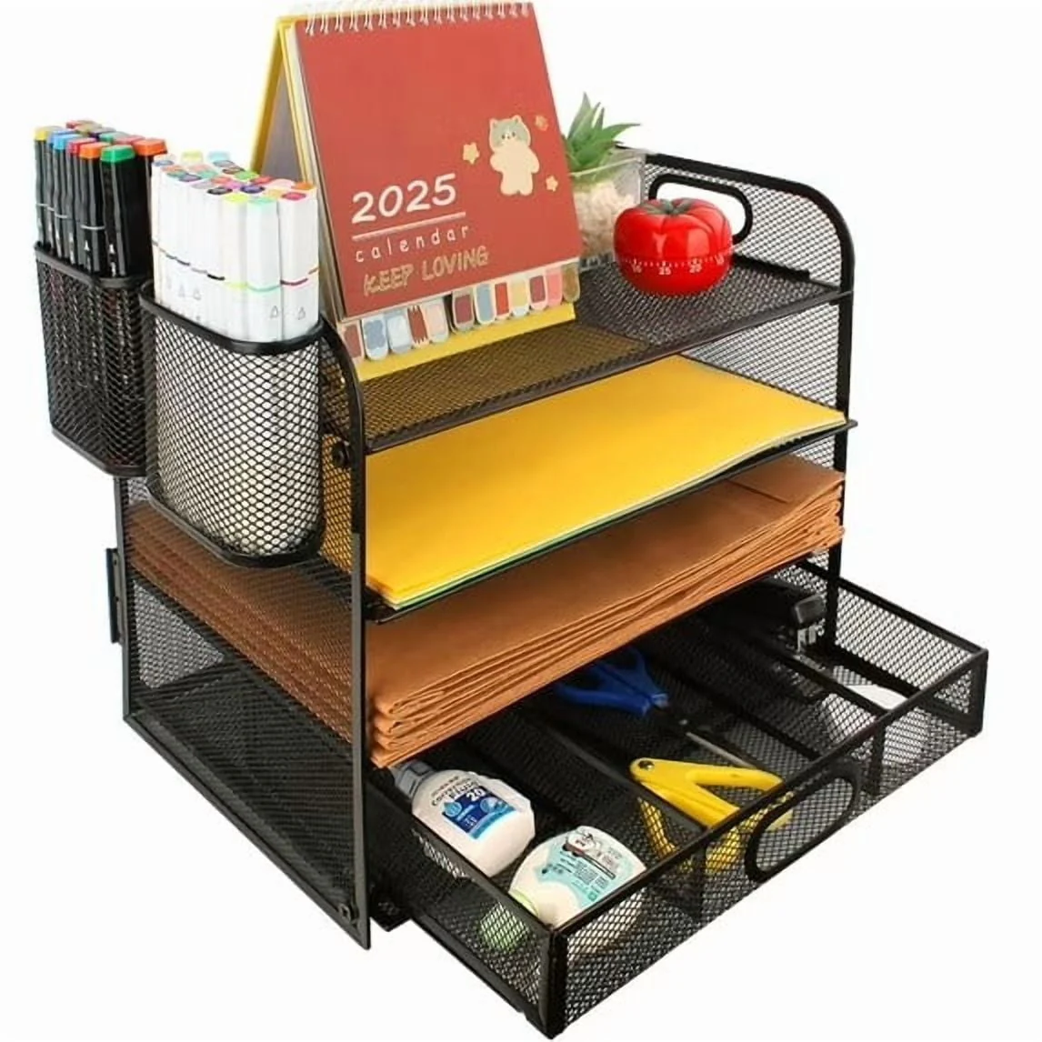 PHANCIR 4-Tier Desk Organizer, New Office Supplies, Metal Desktop File Organizer & Storage with Pull-out Drawer, 1 Pack