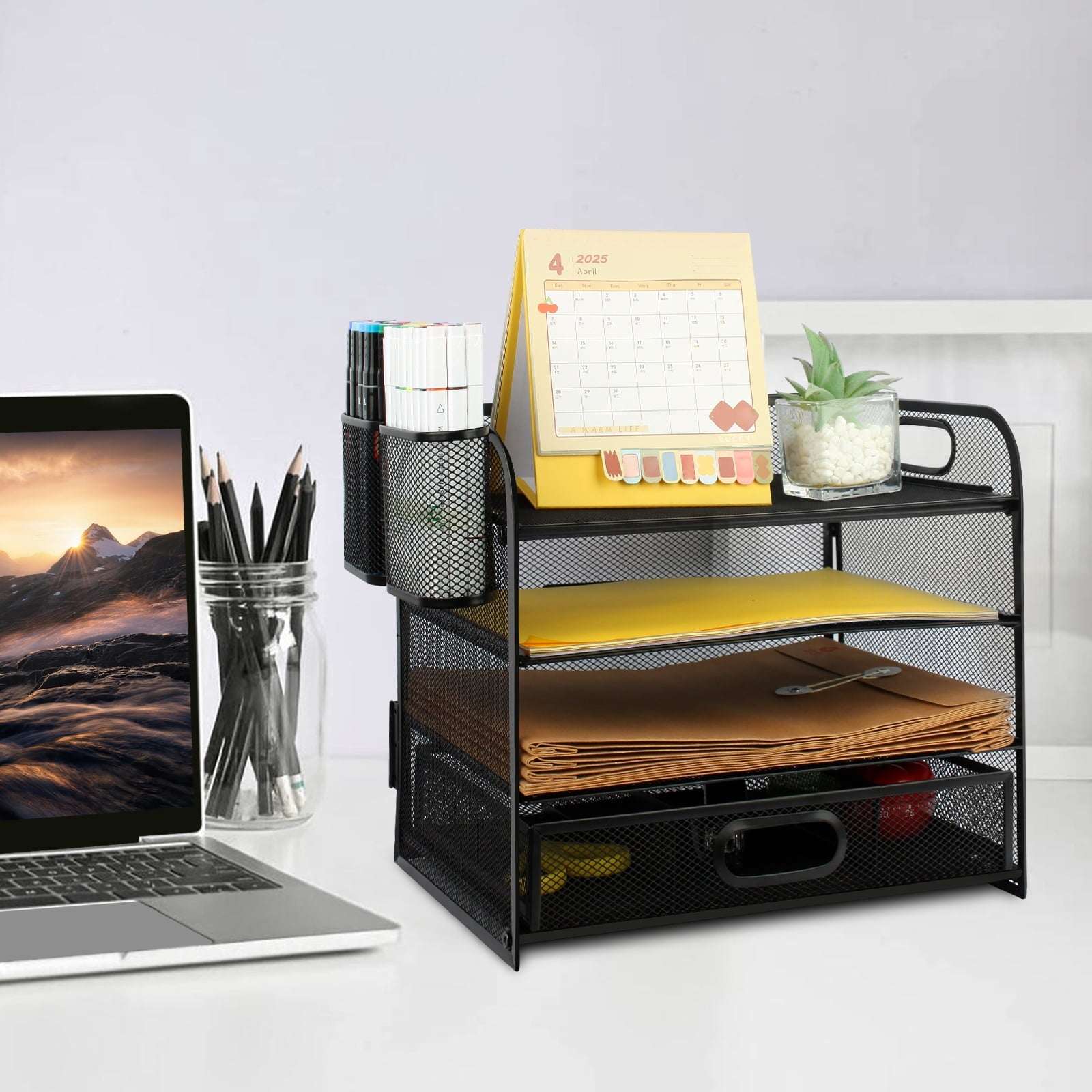 PHANCIR 4-Tier Desk Organizer, New Office Supplies, Metal Desktop File Organizer & Storage with Pull-out Drawer, 1 Pack - Image 3