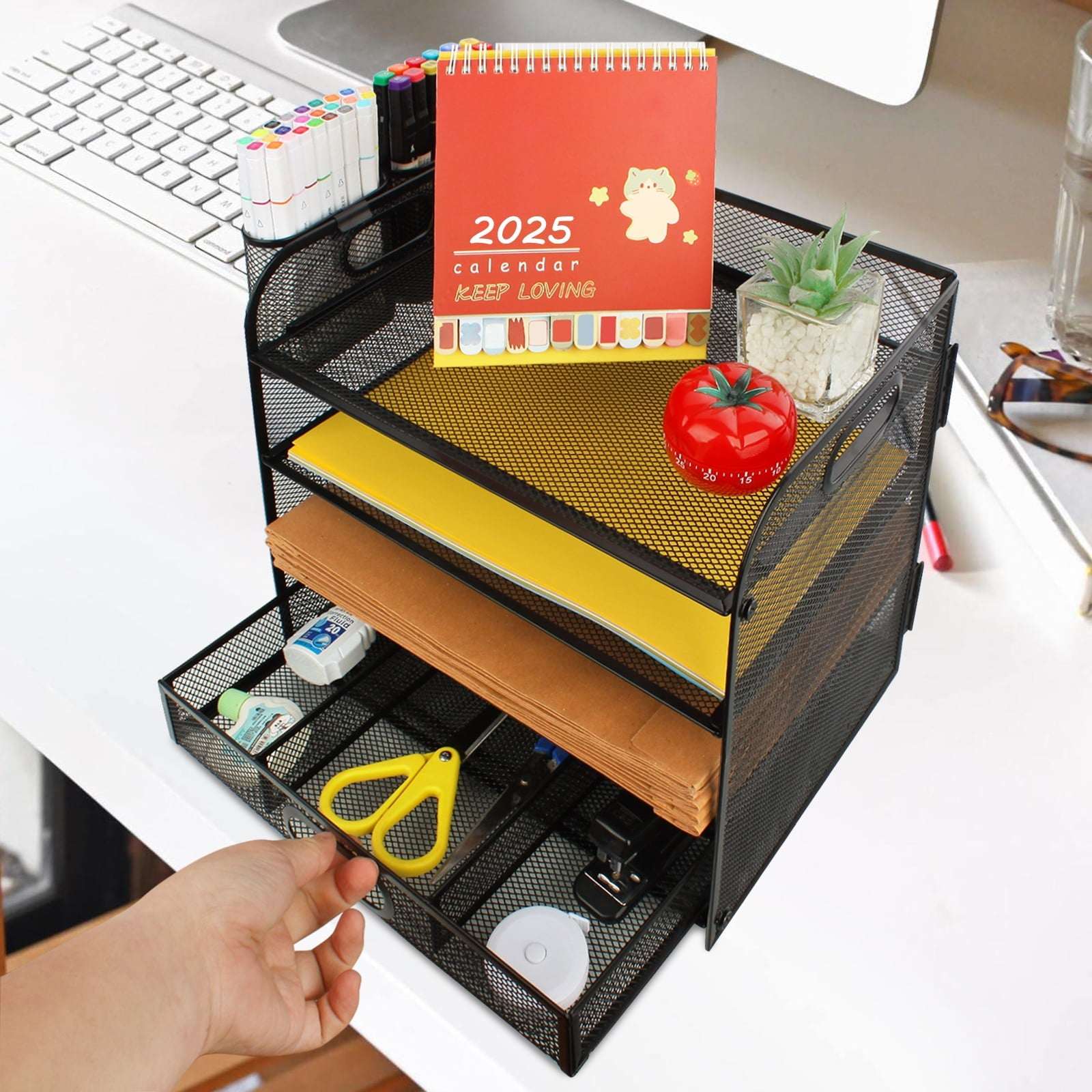 PHANCIR 4-Tier Desk Organizer, New Office Supplies, Metal Desktop File Organizer & Storage with Pull-out Drawer, 1 Pack - Image 4