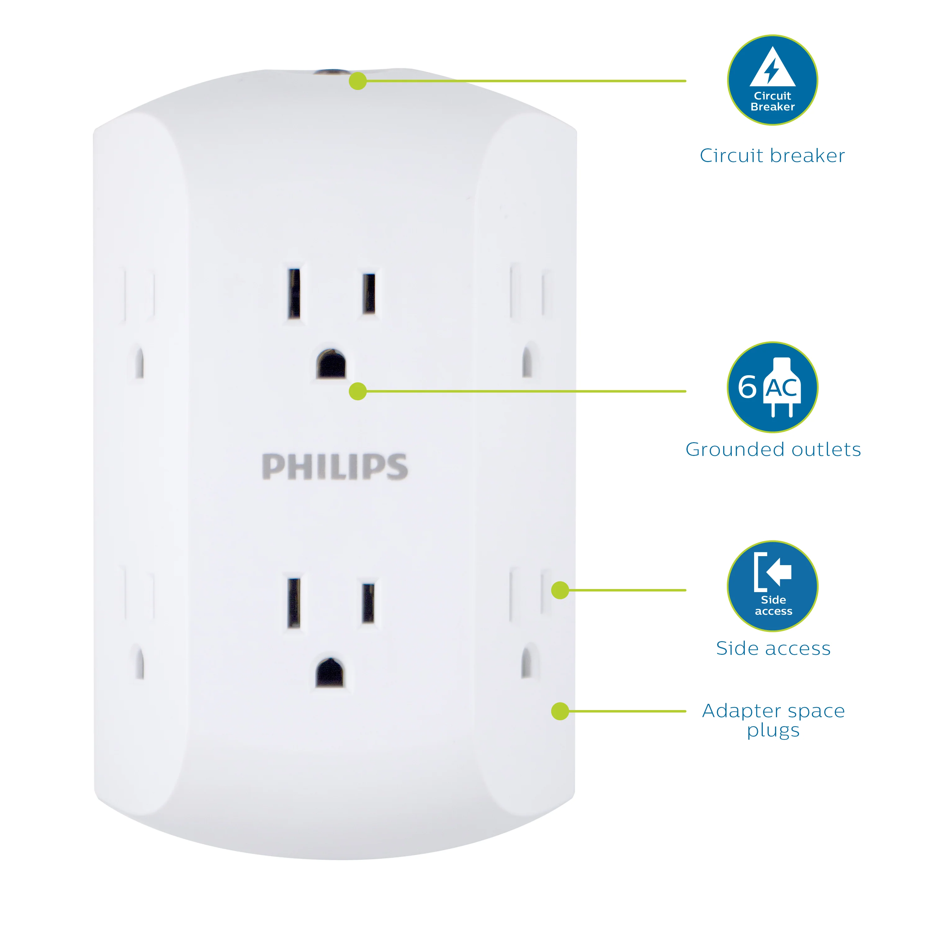 Philips 6 Outlet Grounded Wall Tap, Resettable Circuit Breaker, White, SPS1460WA/37 - Image 3