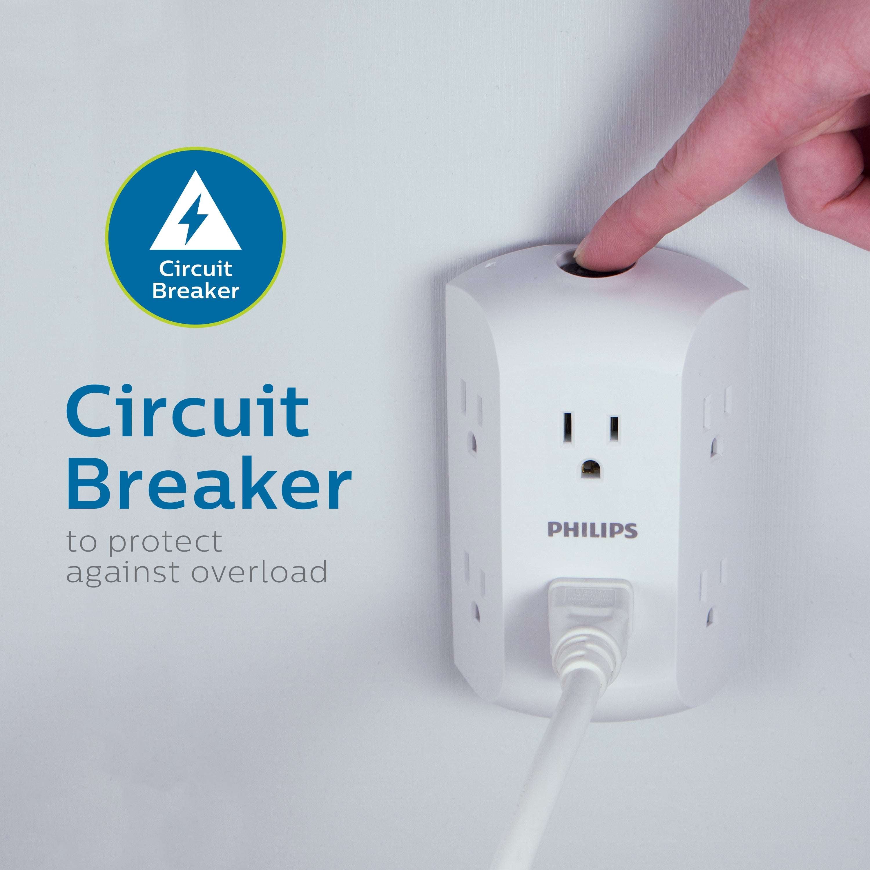 Philips 6 Outlet Grounded Wall Tap, Resettable Circuit Breaker, White, SPS1460WA/37 - Image 6