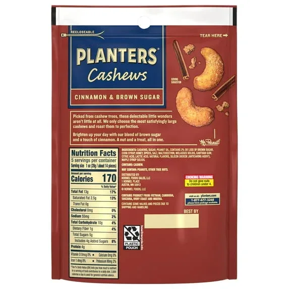 PLANTERS Cashews Cinnamon & Brown Sugar, Party Snacks, Plant Based Protein, 5 oz Bag - Image 4