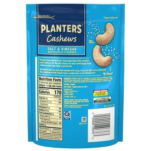PLANTERS Cashews Salt and Vinegar, Party Snacks, Plant Based Protein, 5 oz Resealable Bag - Image 5