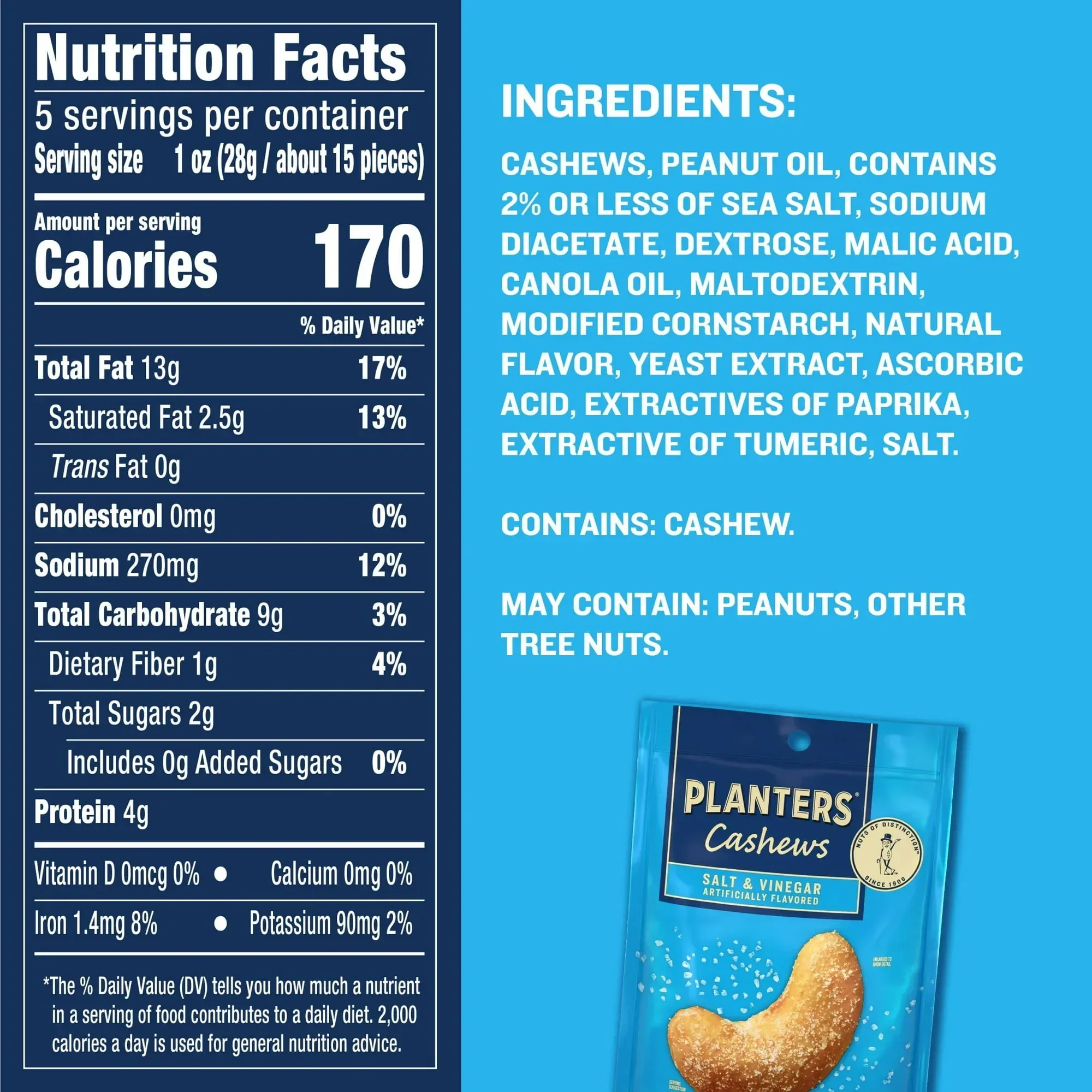 PLANTERS Cashews Salt and Vinegar, Party Snacks, Plant Based Protein, 5 oz Resealable Bag - Image 6