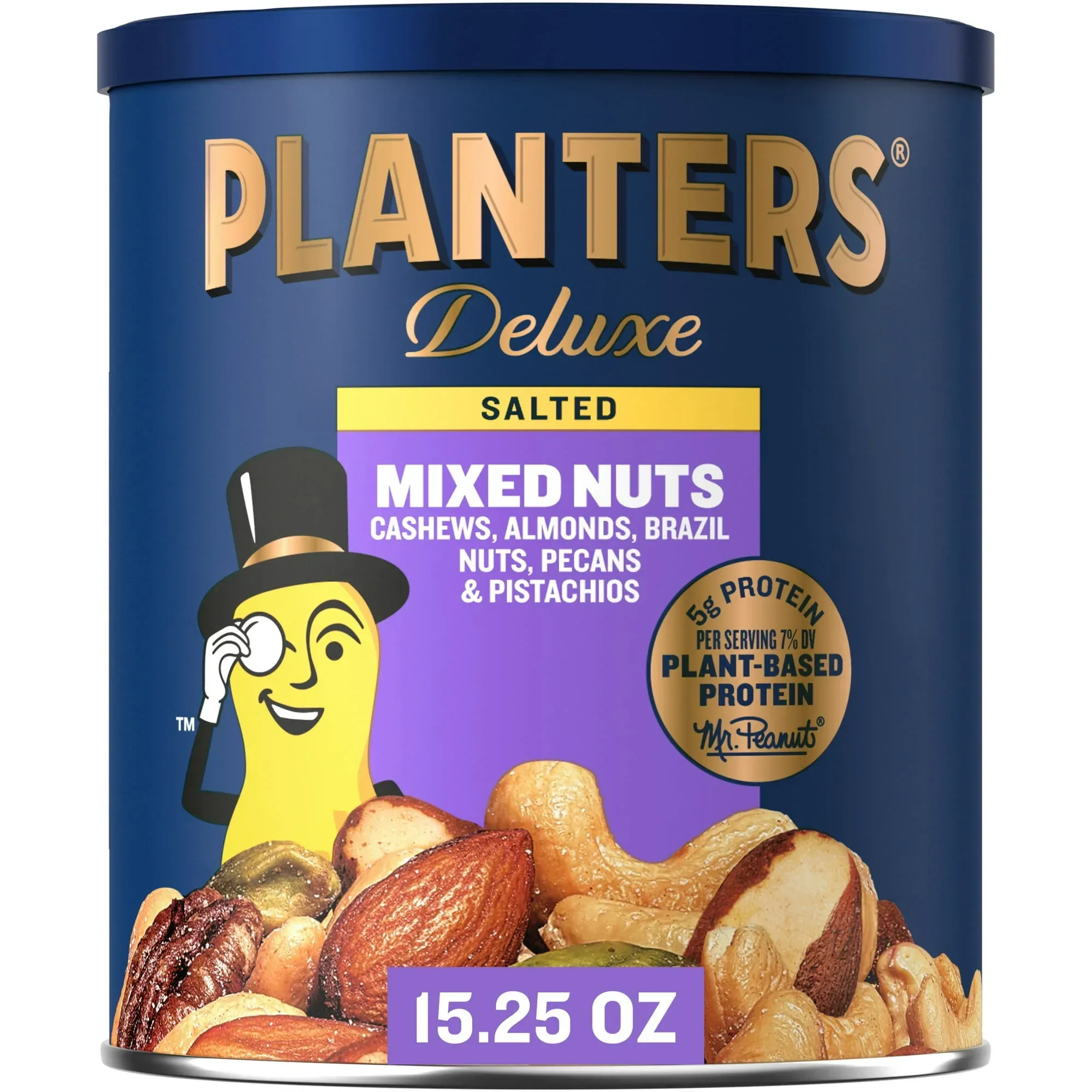 Planters Deluxe Mixed Nuts with Hazelnuts, Plant Based Protein, 15.25 oz Canister