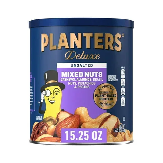 PLANTERS Deluxe Unsalted Mixed Nuts, Party Snacks, Plant Based Protein, 15.25 oz Steel Can - Image 2