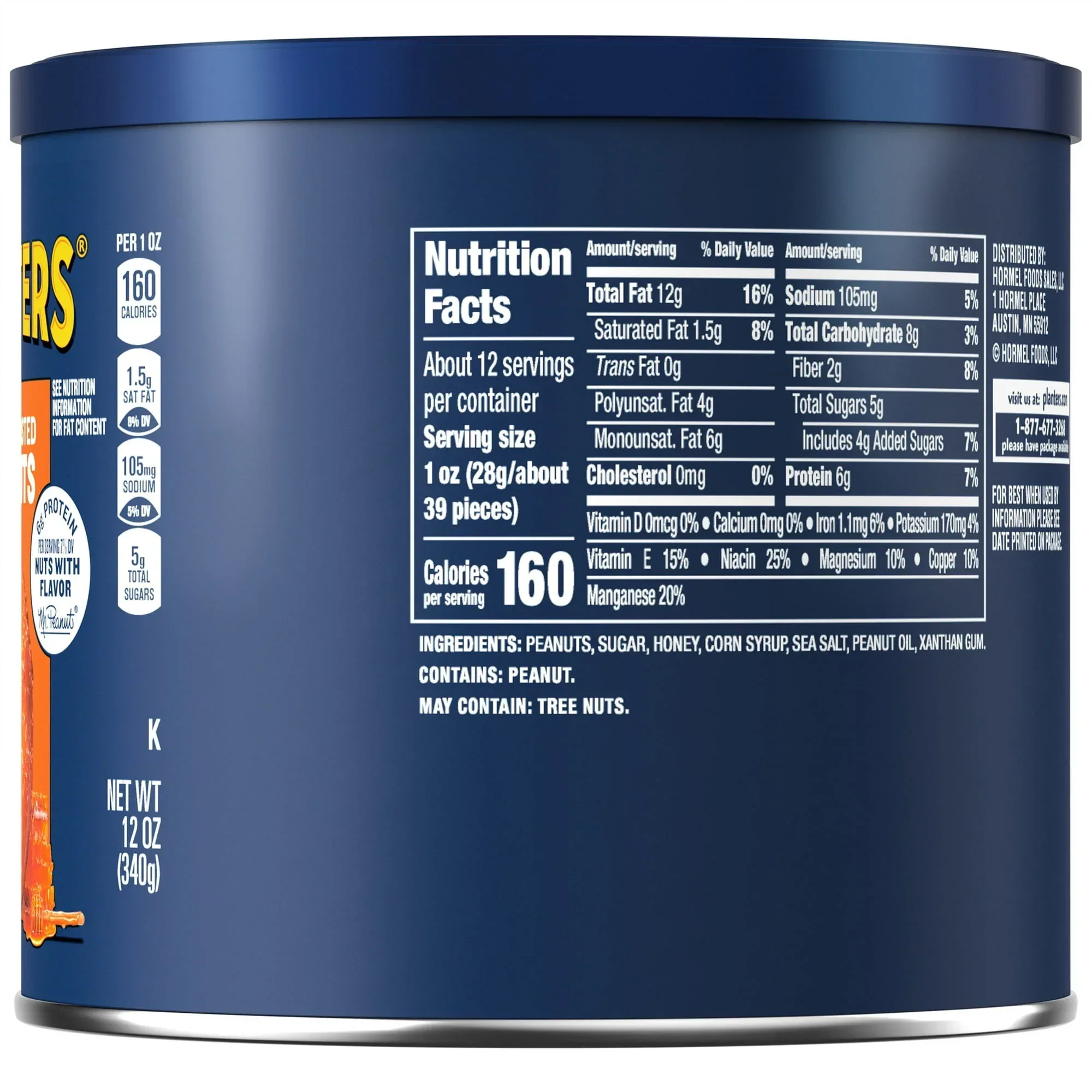 PLANTERS Honey Roasted Peanuts, Sweet and Salty Snacks, Plant Based Protein, 12 oz Canister - Image 3