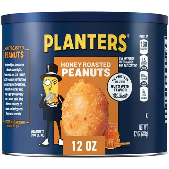 PLANTERS Honey Roasted Peanuts, Sweet and Salty Snacks, Plant Based Protein, 12 oz Canister - Image 6