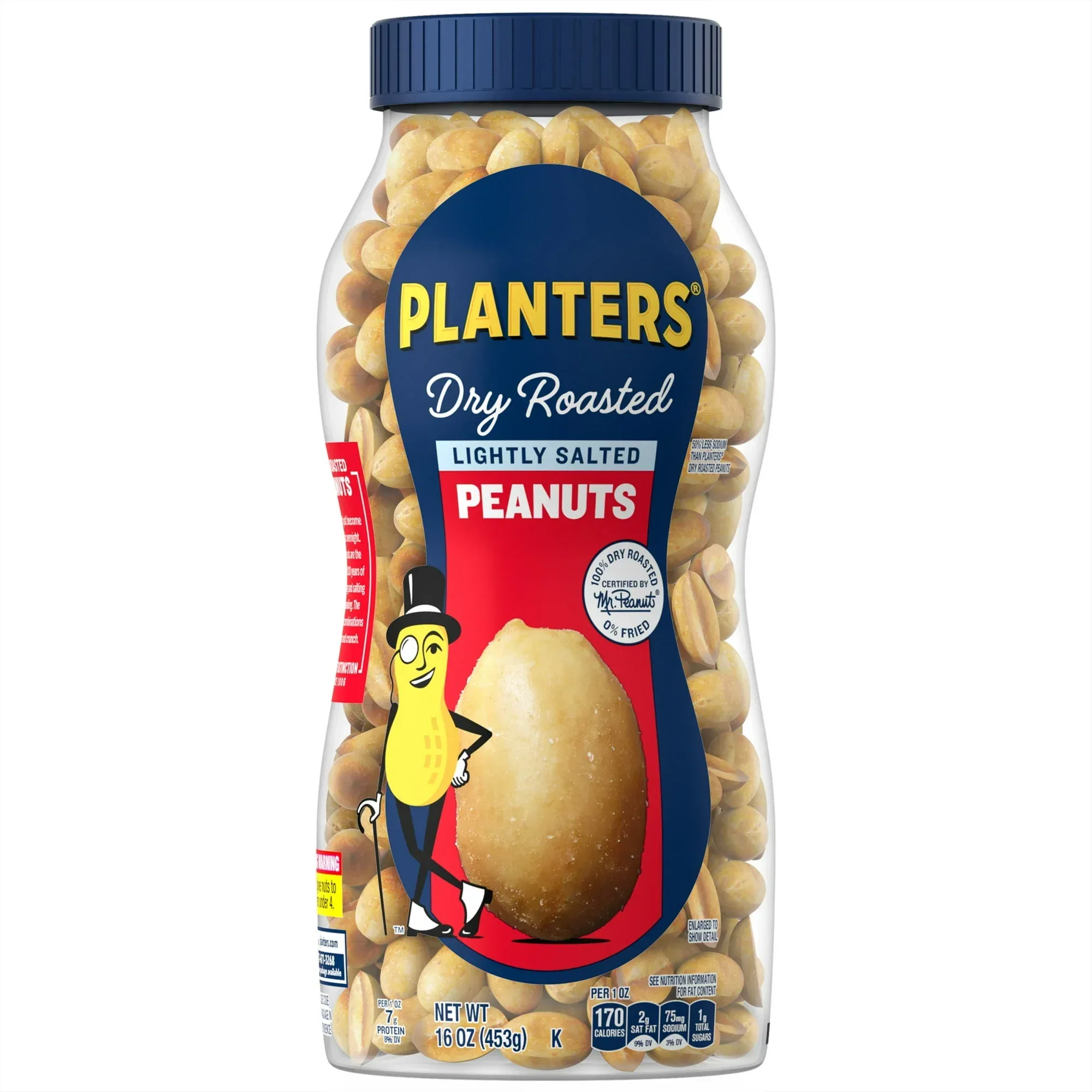 PLANTERS Lightly Salted Dry Roasted Peanuts, Party Snacks, Plant Based Protein, 16 oz Jar