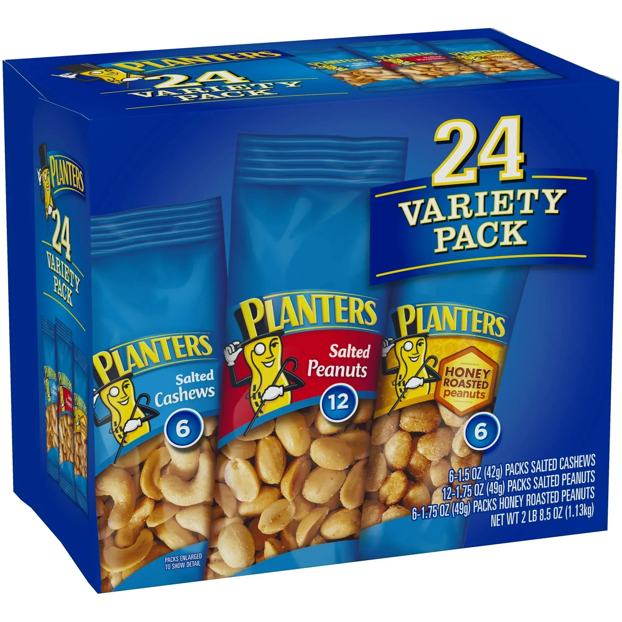 Planters Nut 24 Count-Variety Pack, Salted Peanuts, Honey Roasted Peanuts & Salted Cashews Ready-to-Go Sleeves, 40.5 oz Multi-Pack Box