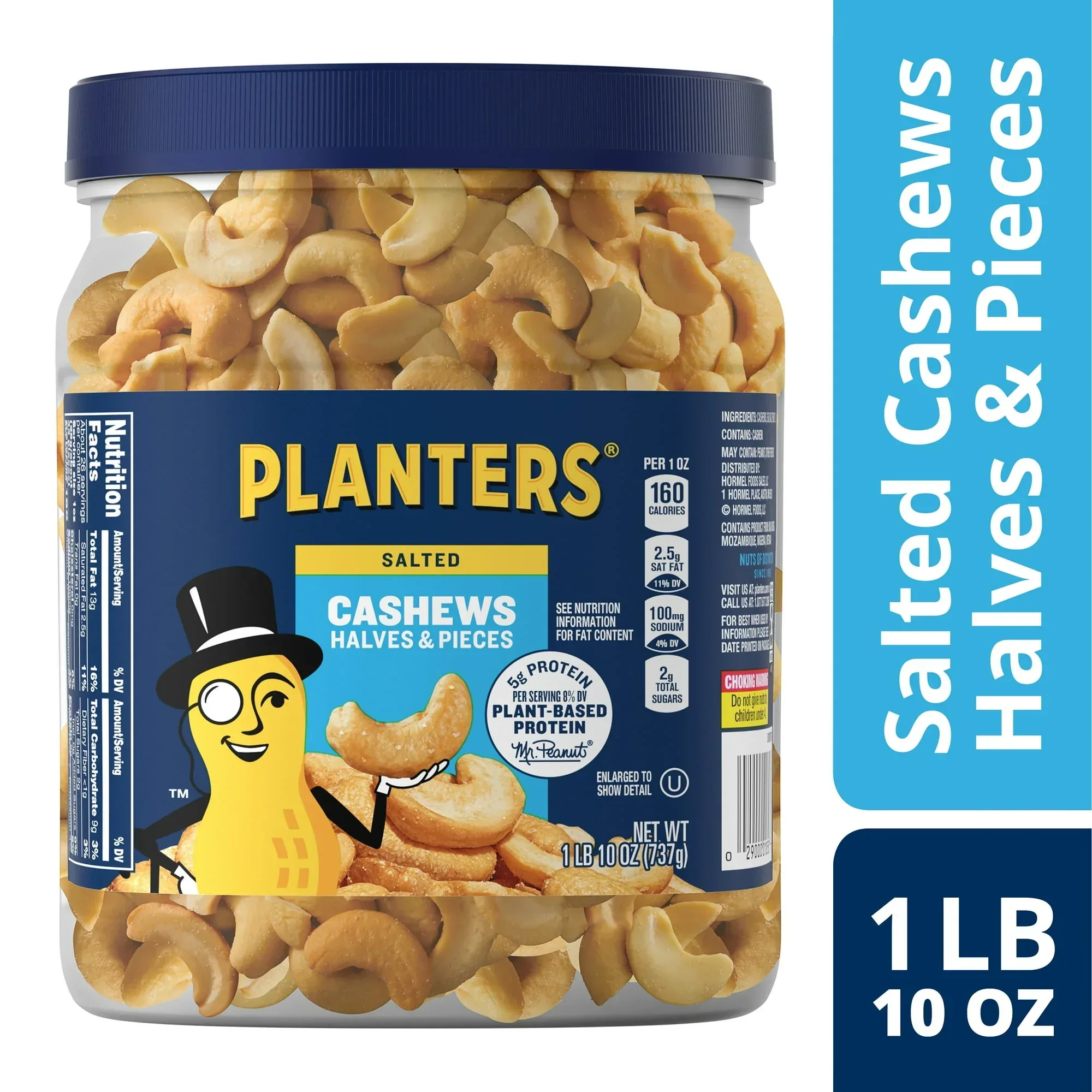 PLANTERS Salted Cashew Halves and Pieces, Party Snacks, Plant-Based Protein, 26 oz Canister - Image 2
