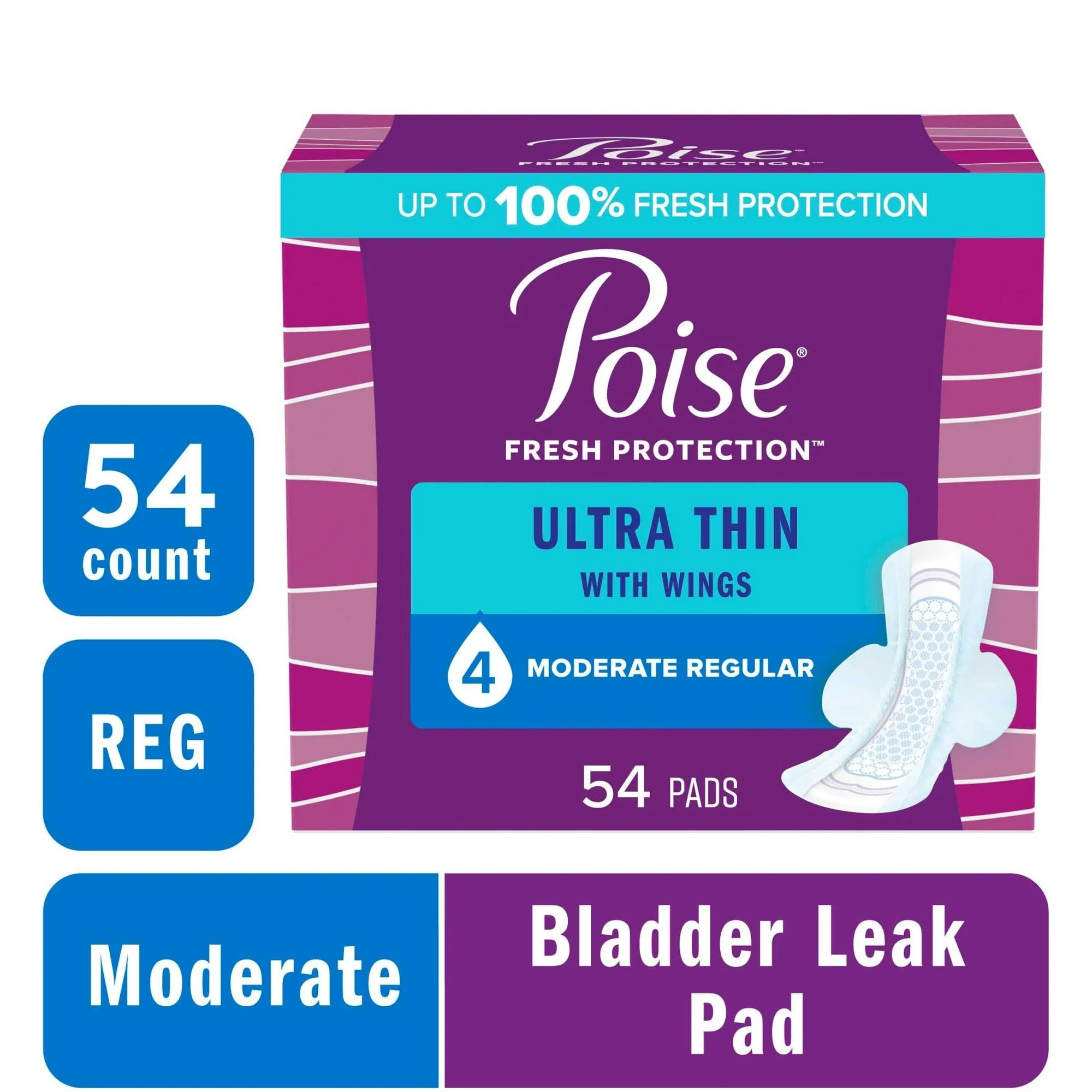 Poise Ultra Thin Incontinence Pads with Wings, 4 Drop Moderate Absorbency, 54 Count