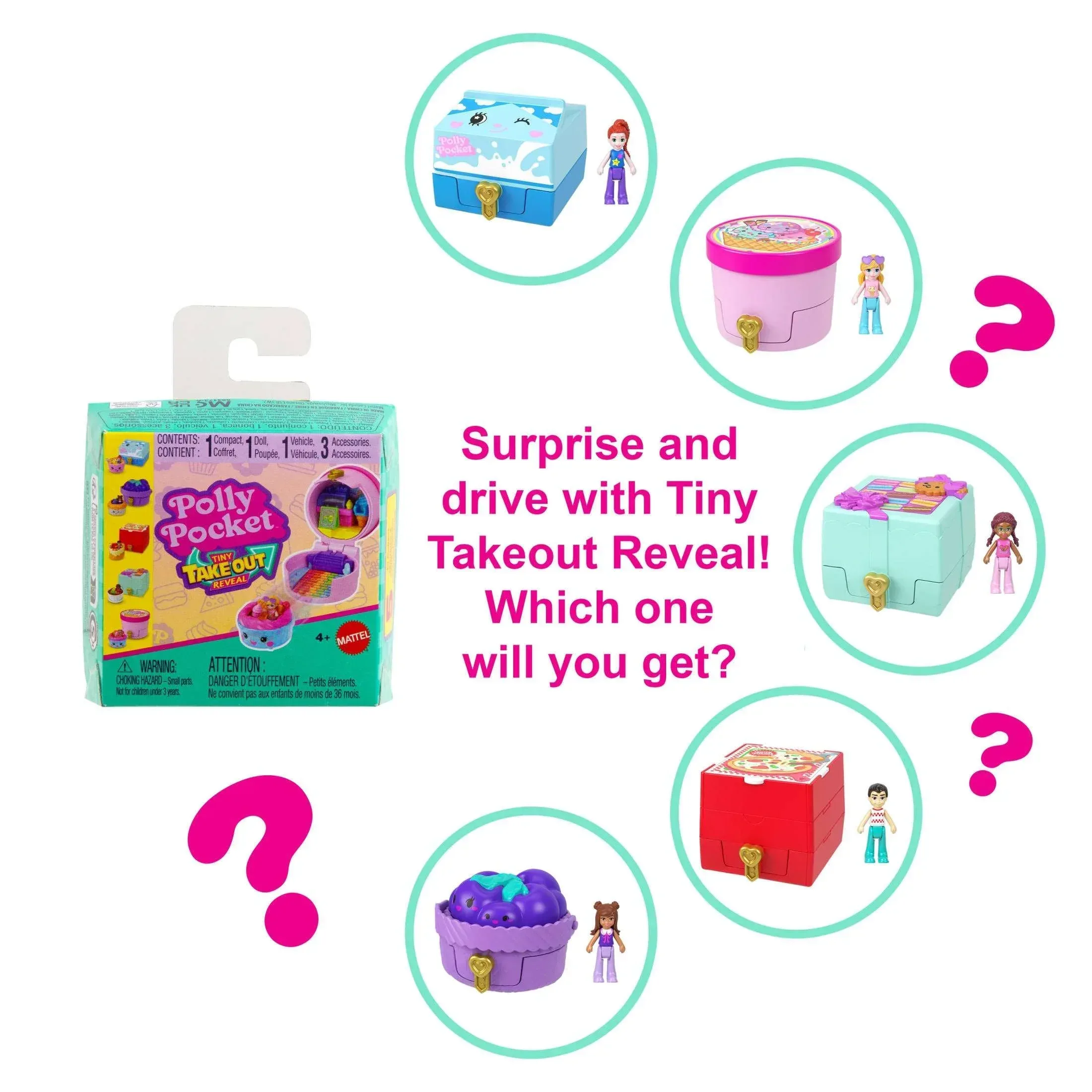 Polly Pocket Tiny Take Out Reveal Assortment, Micro Dolls & Compacts with Toy Cars, Food Theme Vehicle Collection - Image 3
