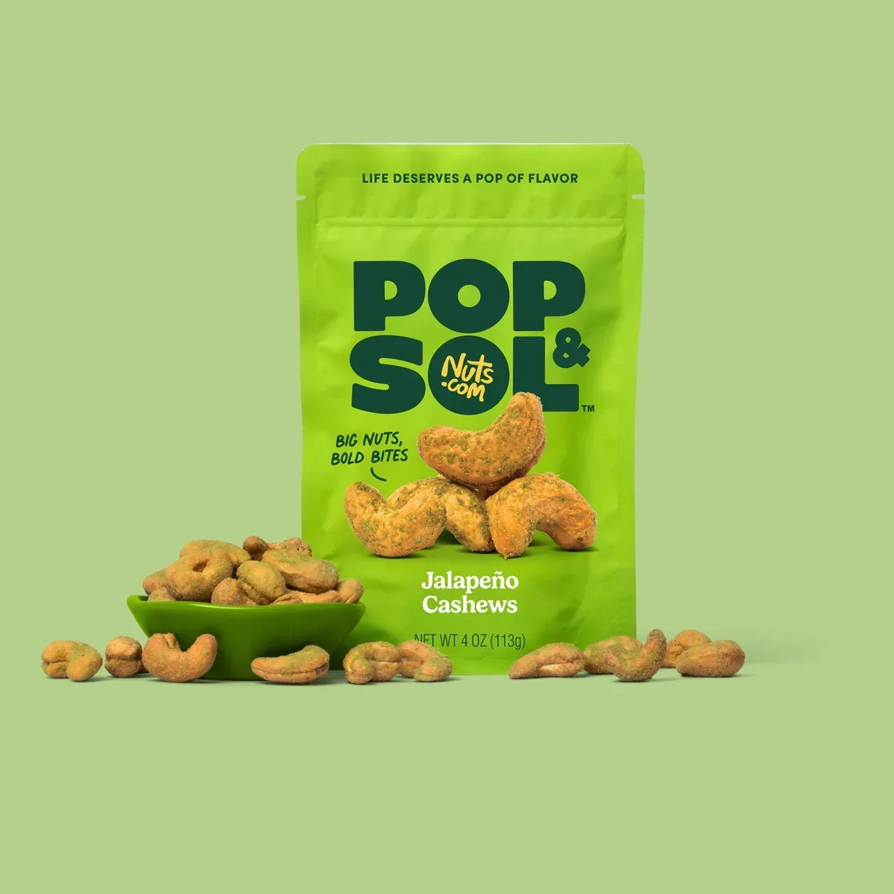 Pop & Sol by Nuts.com, Jalapeño Cashews, 4 oz Bag - Image 2