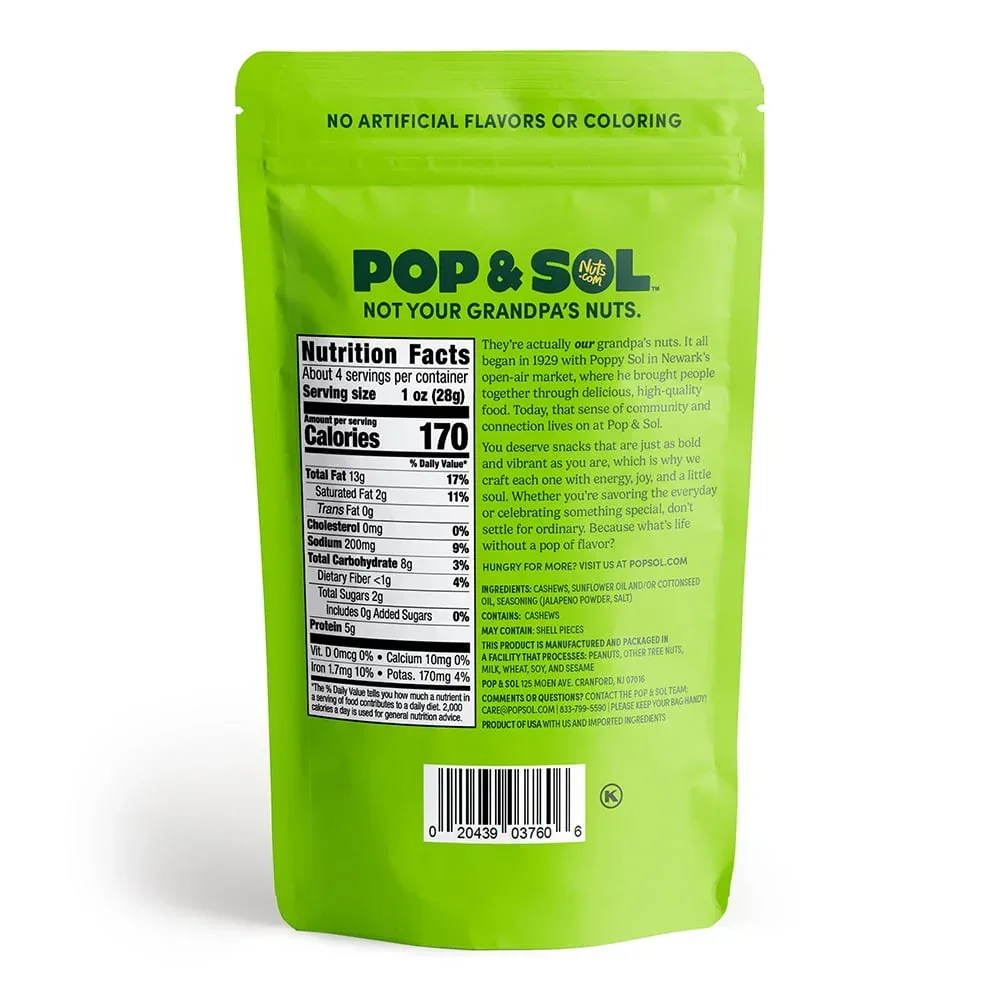 Pop & Sol by Nuts.com, Jalapeño Cashews, 4 oz Bag - Image 3