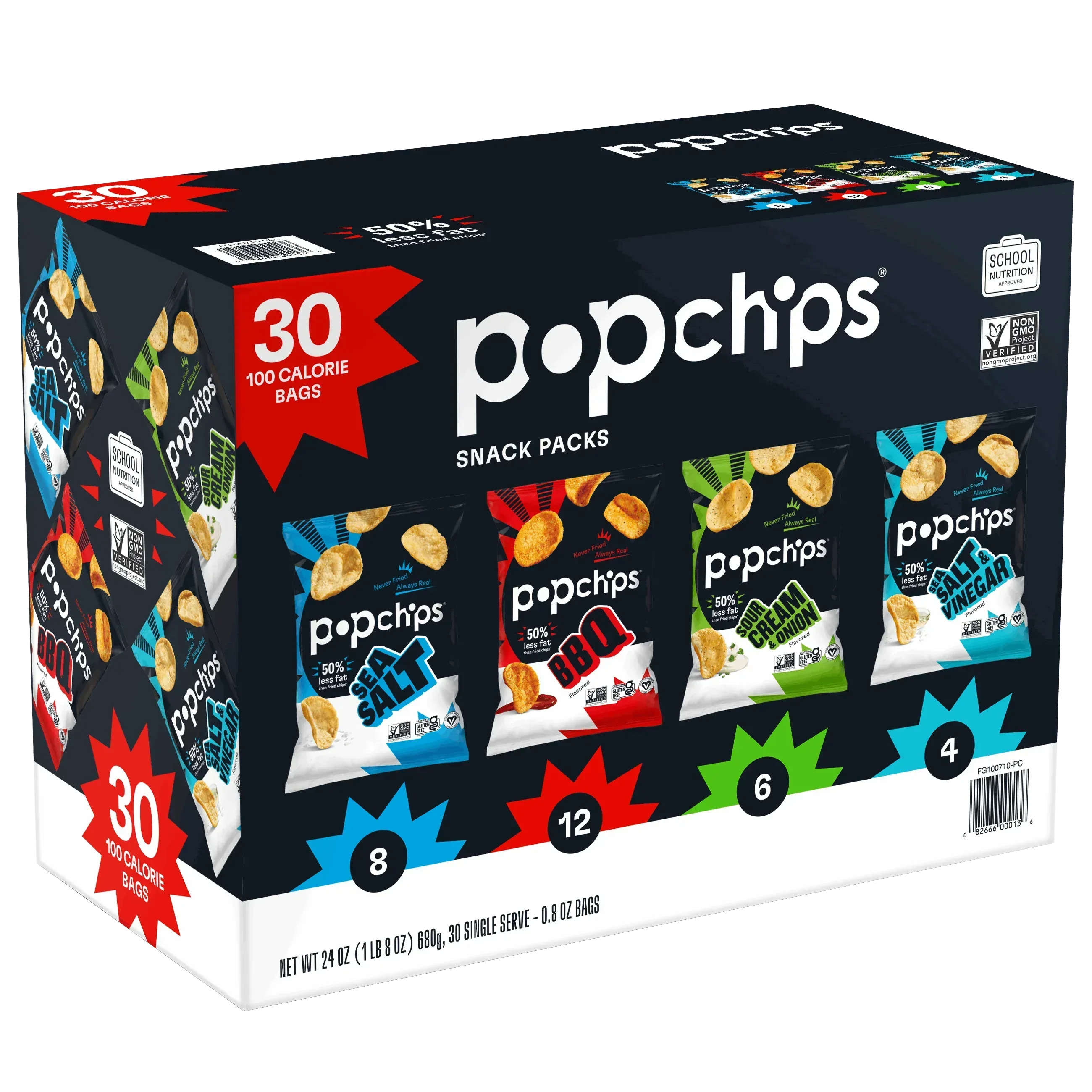 Popchips Potato Chips Snack Packs, Variety Pack, 0.8 oz, 30-count