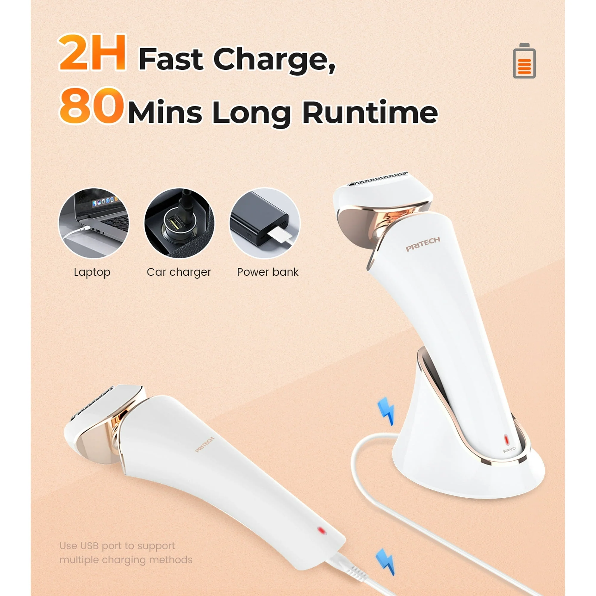PRITECH Electric Shaver for Women - Cordless Lady Razor, USB Rechargeable, Wet & Dry Waterproof Razor for Legs, Arms, Underarms, Bikini - Image 7