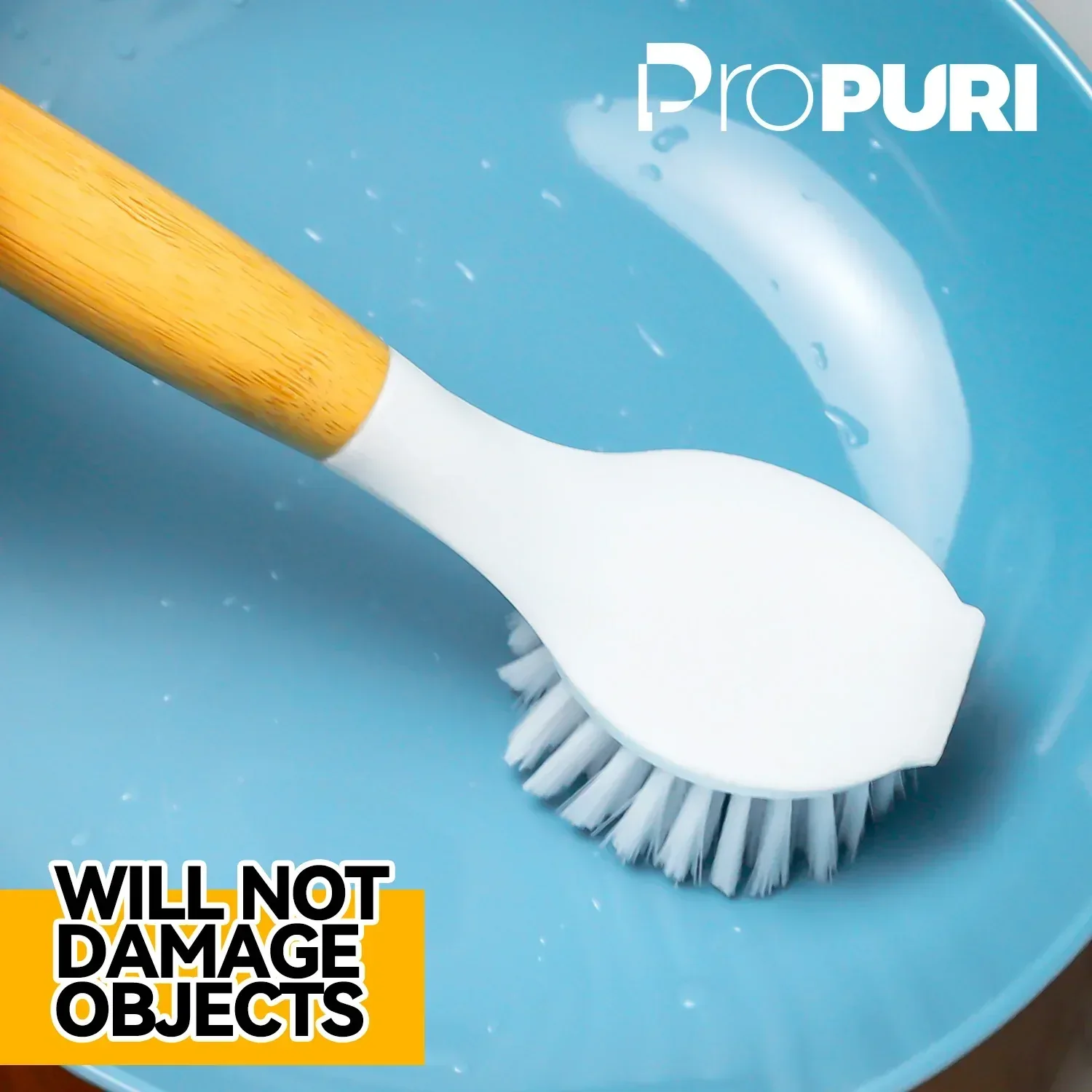 propuri Dish Brush Set with Bamboo Handle, Kitchen Scrub Brush,3 Pack Yellow White Black - Image 3