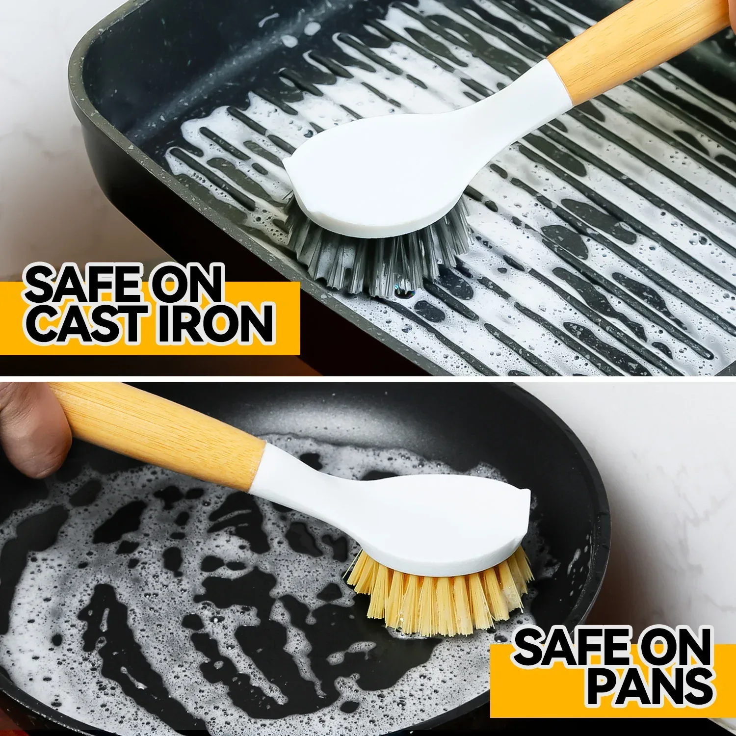 propuri Dish Brush Set with Bamboo Handle, Kitchen Scrub Brush,3 Pack Yellow White Black - Image 4