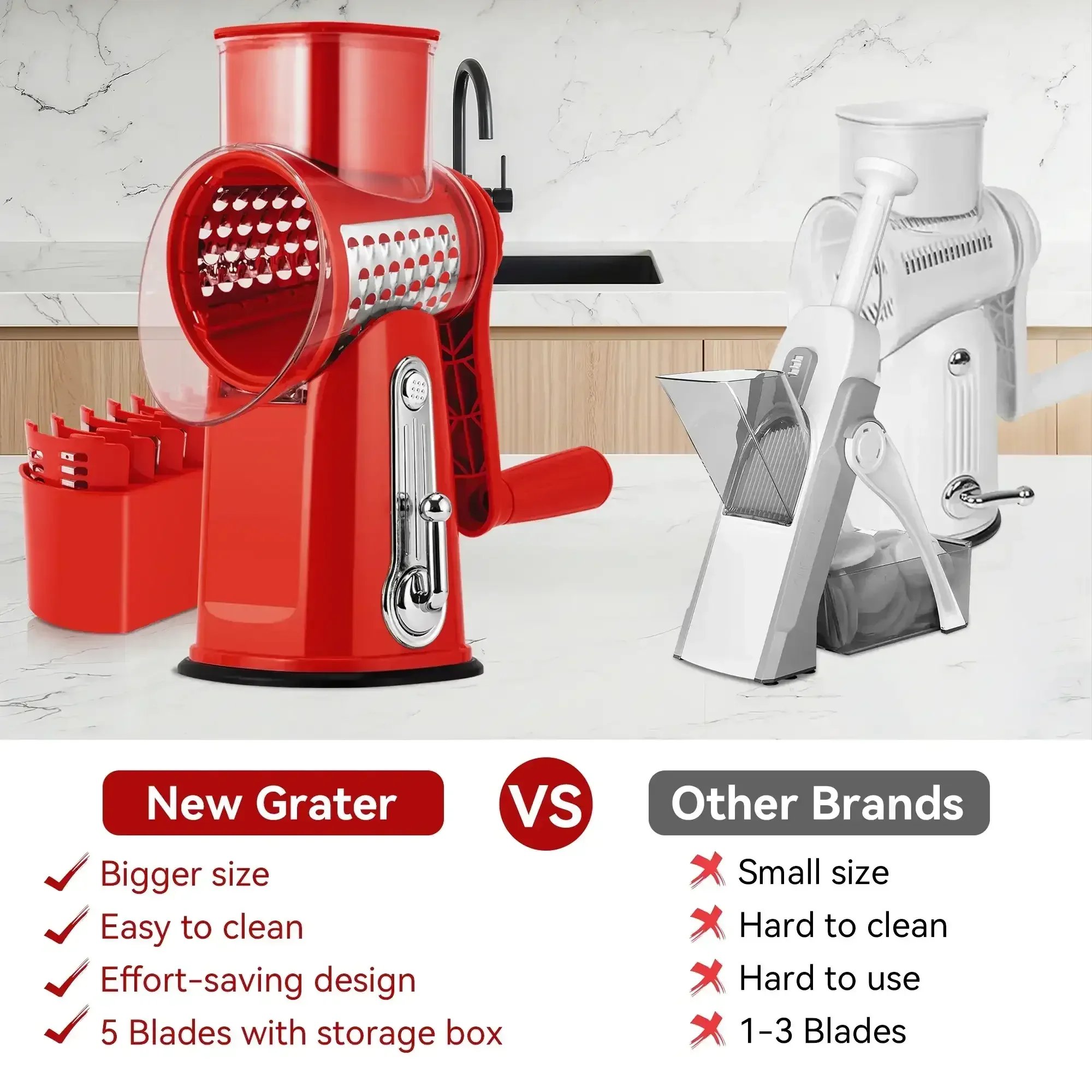 Pukomc Rotary Cheese Grater with Handle- 5 Blades, Suction Base, Mandoline Slicer & Veg Shredder with Blade Storage Box - Image 11