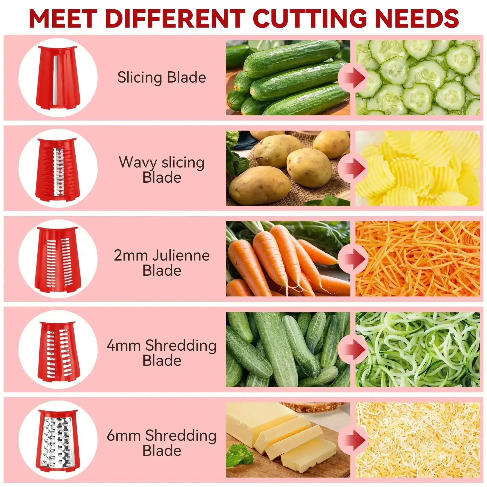 Pukomc Rotary Cheese Grater with Handle- 5 Blades, Suction Base, Mandoline Slicer & Veg Shredder with Blade Storage Box - Image 12