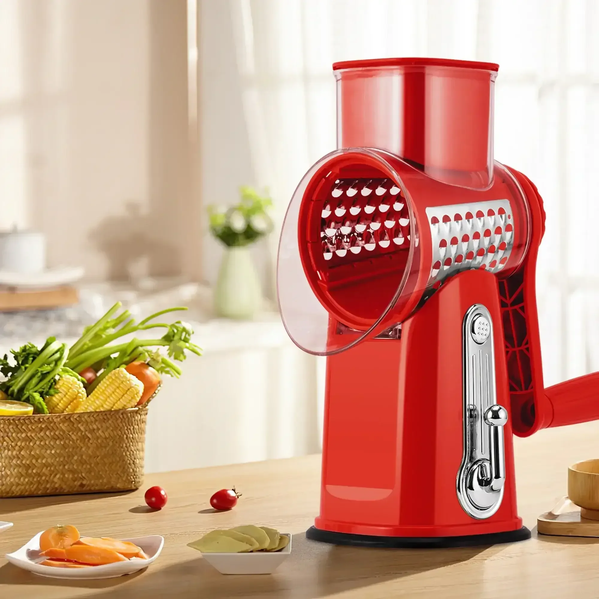 Pukomc Rotary Cheese Grater with Handle- 5 Blades, Suction Base, Mandoline Slicer & Veg Shredder with Blade Storage Box - Image 13