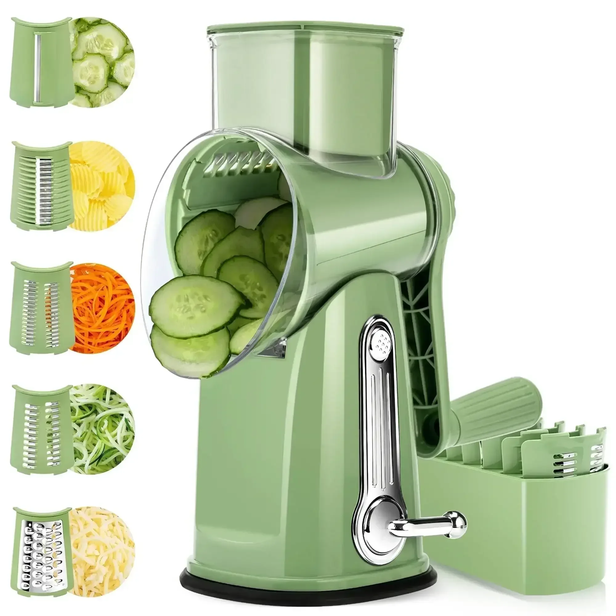Pukomc Rotary Cheese Grater with Handle- 5 Blades, Suction Base, Mandoline Slicer & Veg Shredder with Blade Storage Box - Image 15