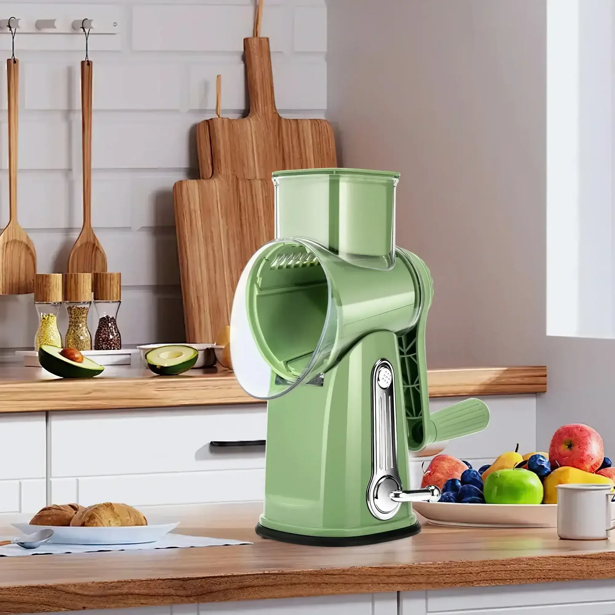 Pukomc Rotary Cheese Grater with Handle- 5 Blades, Suction Base, Mandoline Slicer & Veg Shredder with Blade Storage Box - Image 17
