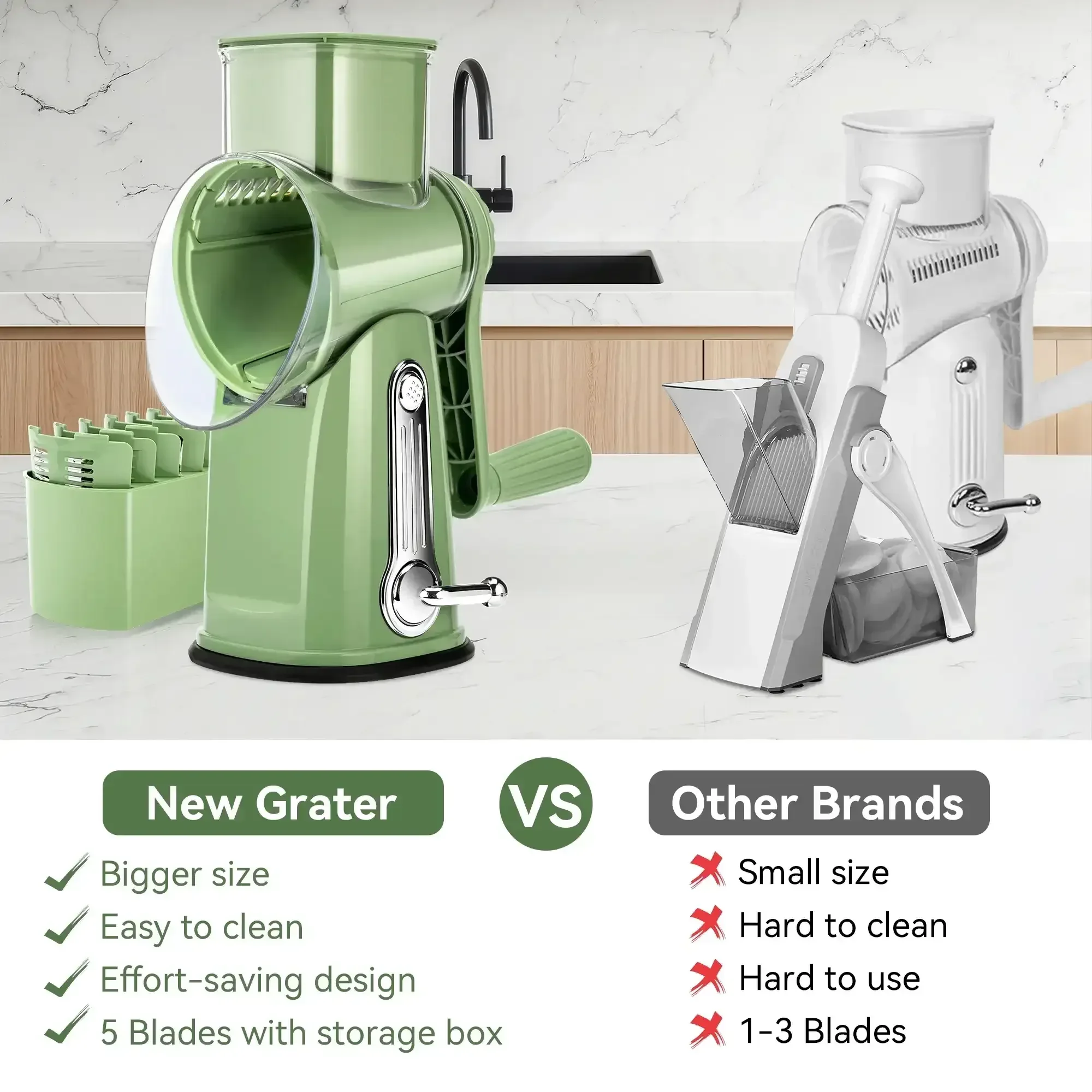 Pukomc Rotary Cheese Grater with Handle- 5 Blades, Suction Base, Mandoline Slicer & Veg Shredder with Blade Storage Box - Image 18