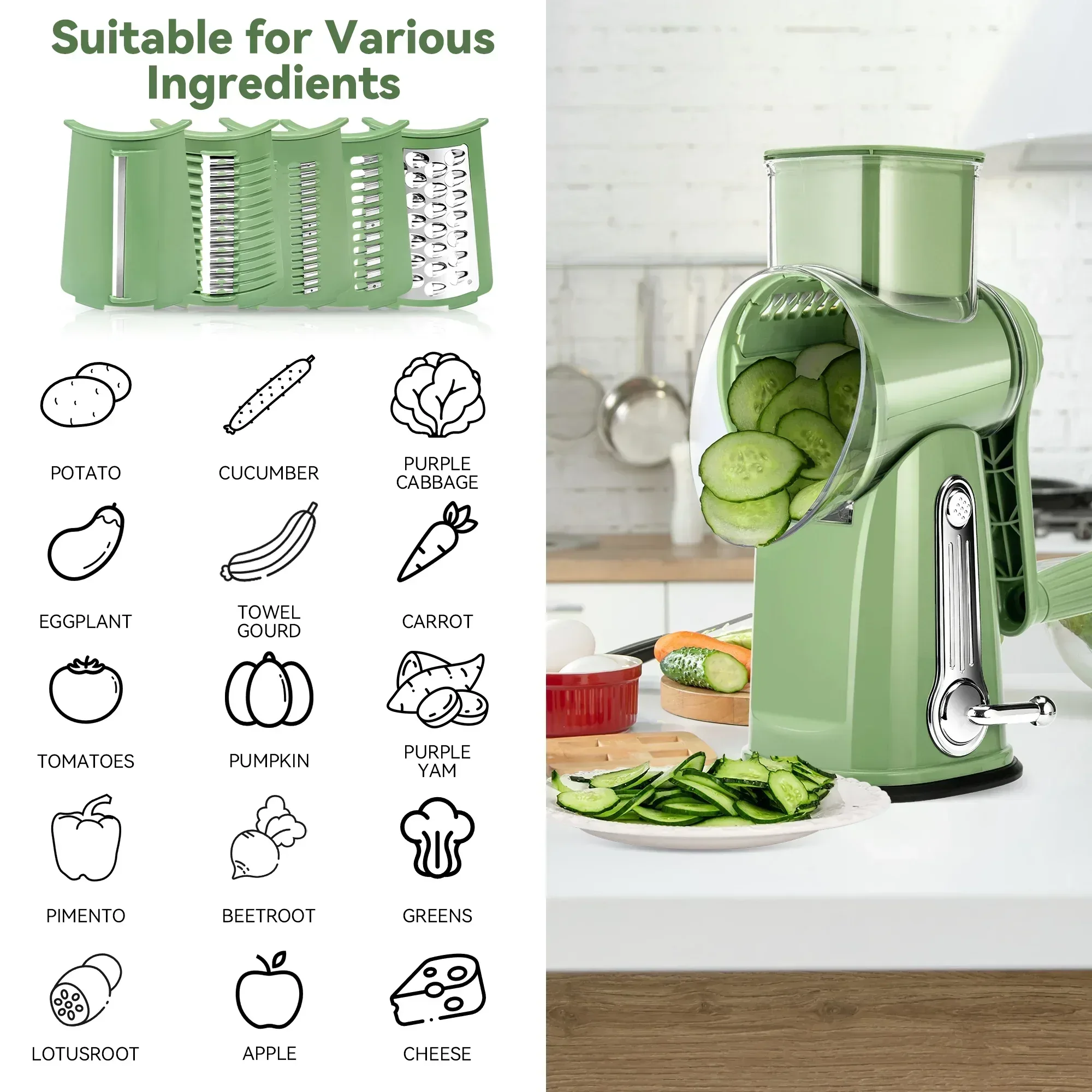 Pukomc Rotary Cheese Grater with Handle- 5 Blades, Suction Base, Mandoline Slicer & Veg Shredder with Blade Storage Box - Image 22