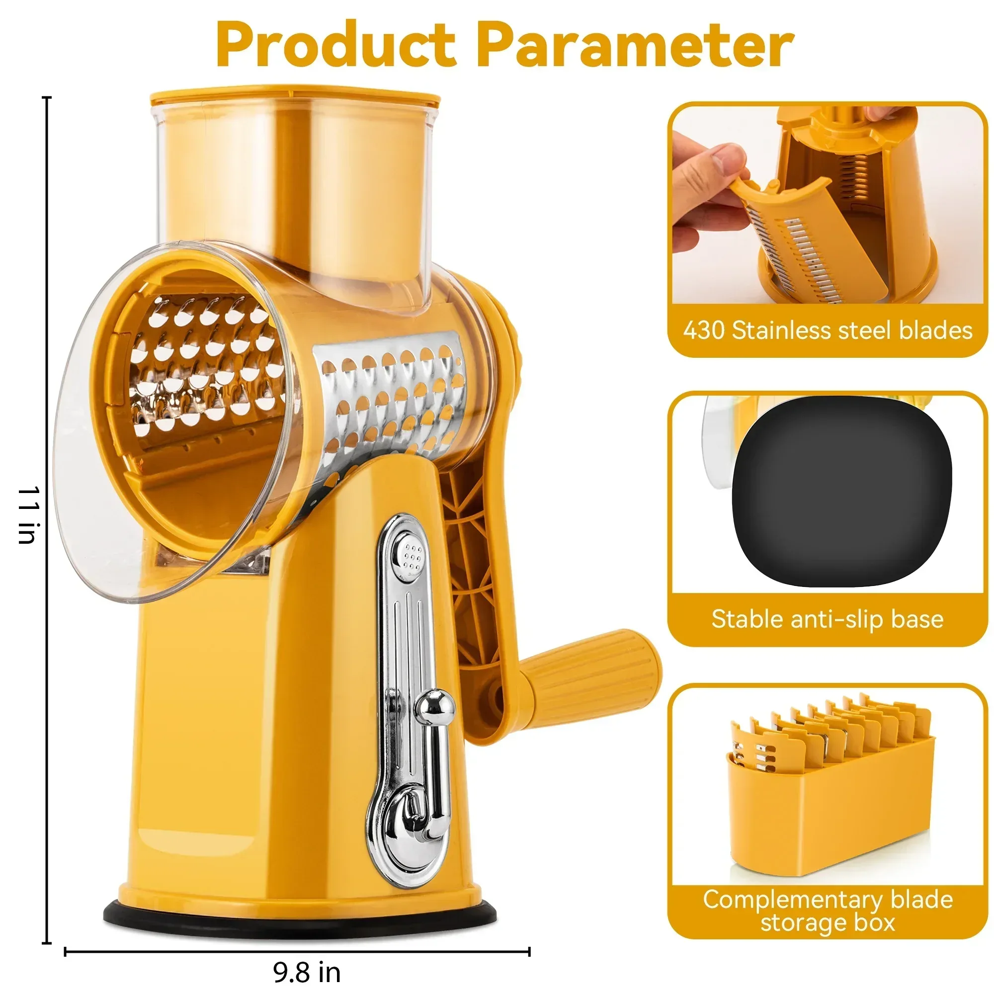 Pukomc Rotary Cheese Grater with Handle- 5 Blades, Suction Base, Mandoline Slicer & Veg Shredder with Blade Storage Box - Image 27