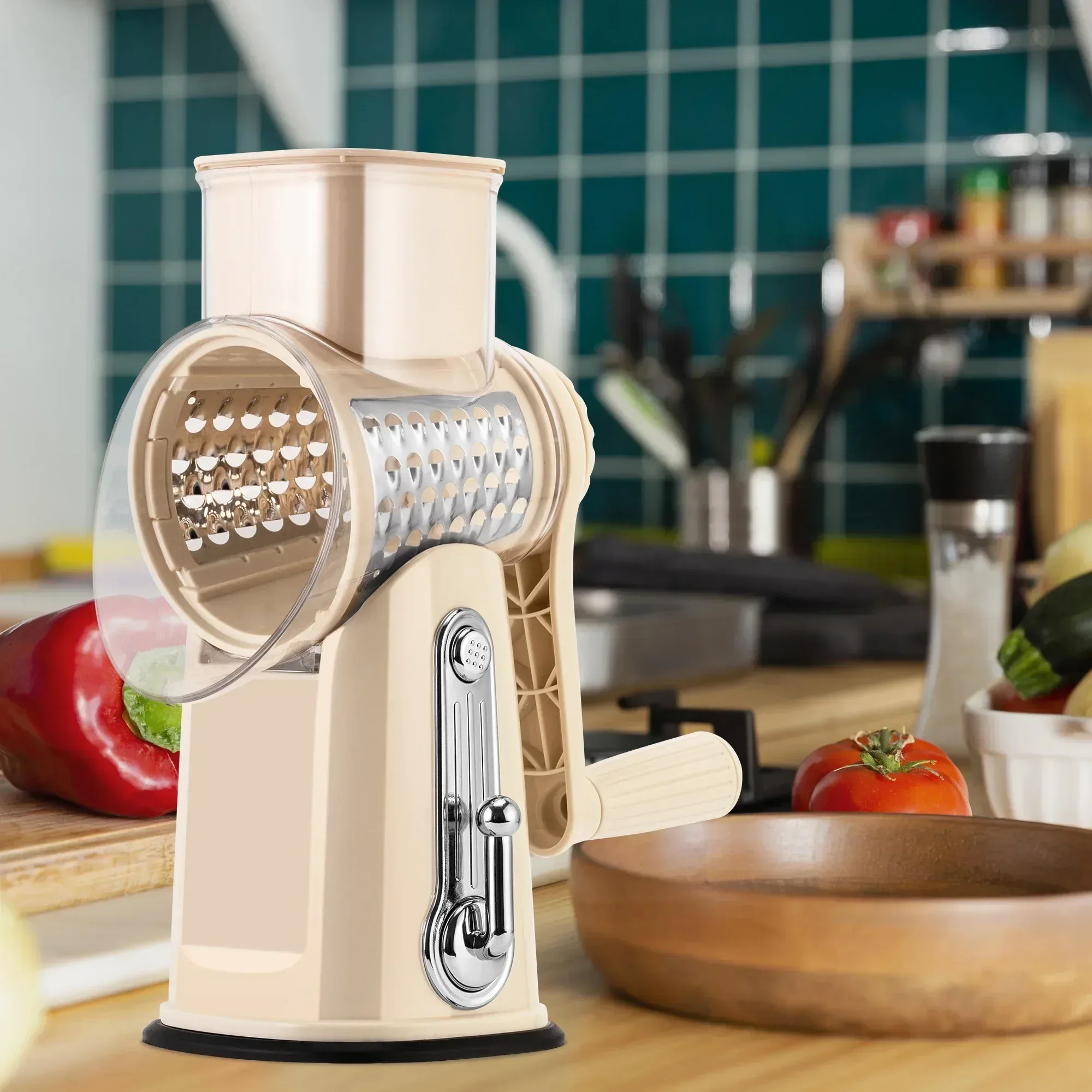 Pukomc Rotary Cheese Grater with Handle- 5 Blades, Suction Base, Mandoline Slicer & Veg Shredder with Blade Storage Box - Image 3