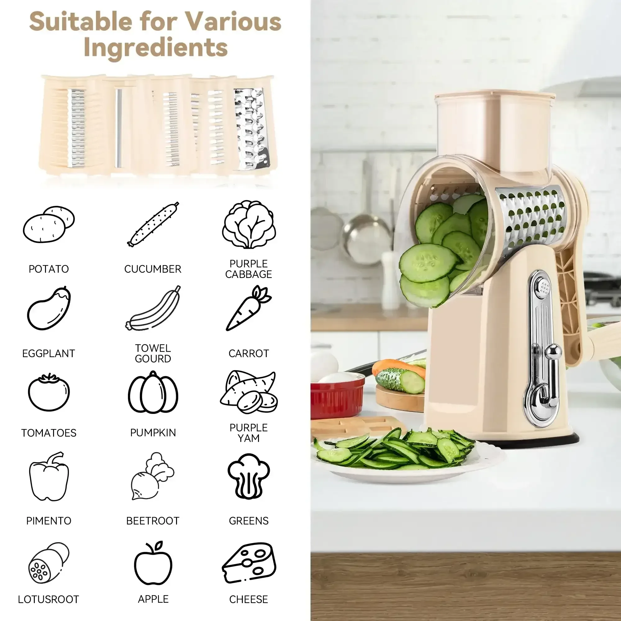 Pukomc Rotary Cheese Grater with Handle- 5 Blades, Suction Base, Mandoline Slicer & Veg Shredder with Blade Storage Box - Image 4