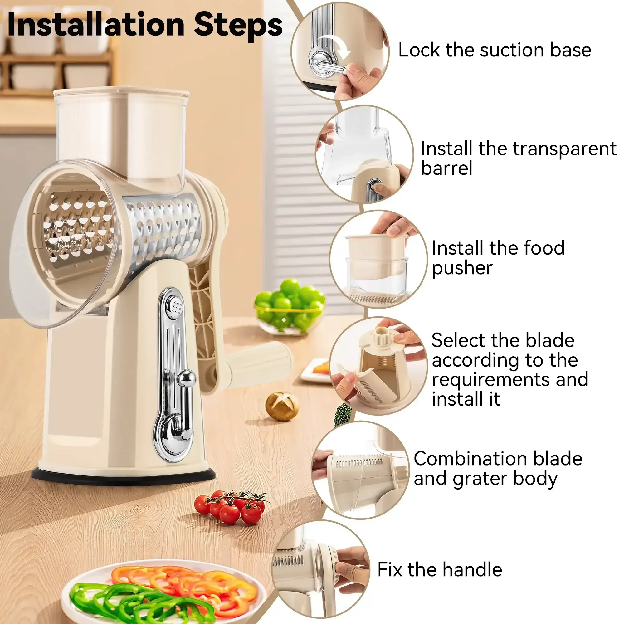 Pukomc Rotary Cheese Grater with Handle- 5 Blades, Suction Base, Mandoline Slicer & Veg Shredder with Blade Storage Box - Image 5