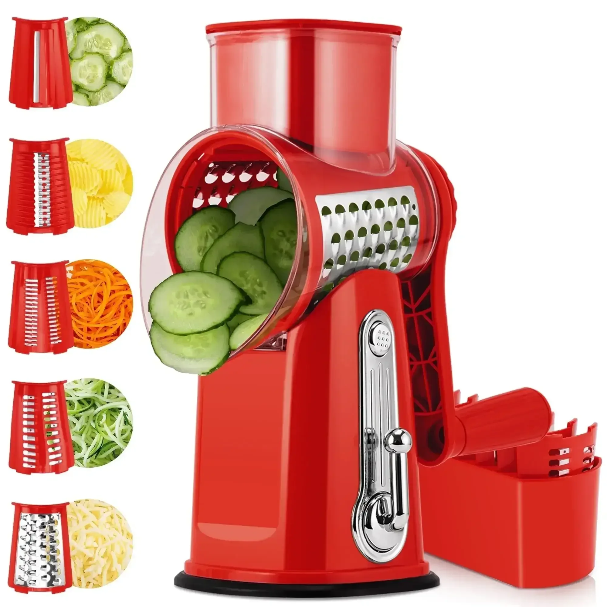 Pukomc Rotary Cheese Grater with Handle- 5 Blades, Suction Base, Mandoline Slicer & Veg Shredder with Blade Storage Box - Image 9