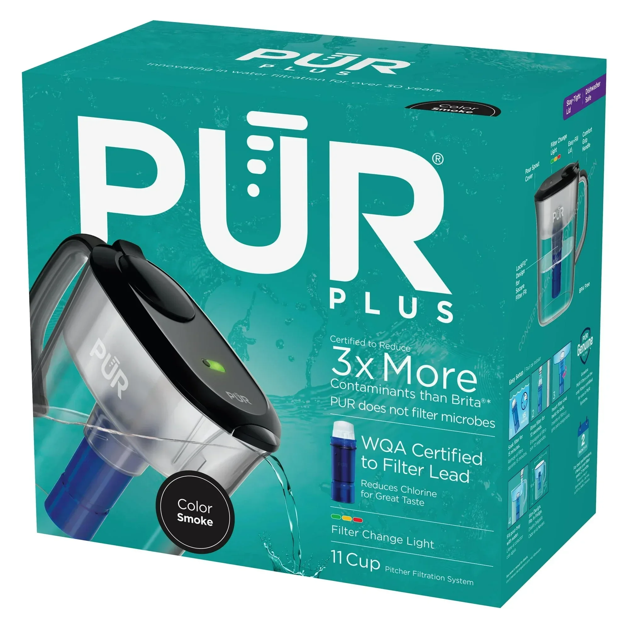 PUR PLUS 11 Cup Water Pitcher with Lead Reducing Filter, W 9.6" x H 10.1" x L 4.5", - Image 18