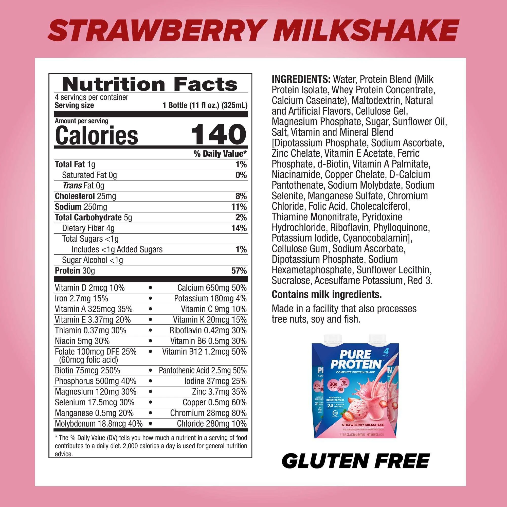 Pure Protein Shake, Strawberry Milkshake, 30g Protein, 11 fl oz, 4 Count - Image 3