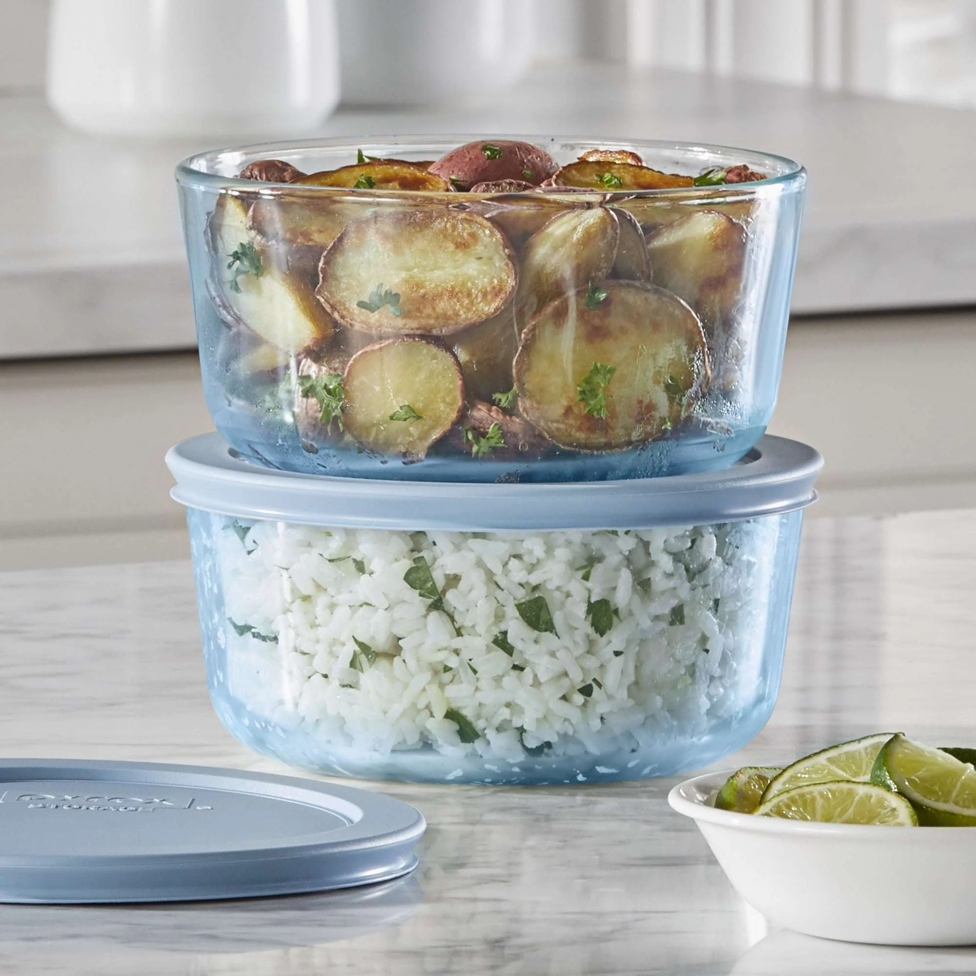 Pyrex Simply Store Tinted 4-piece Round Storage Set with Plastic Lids, Blue - Image 4