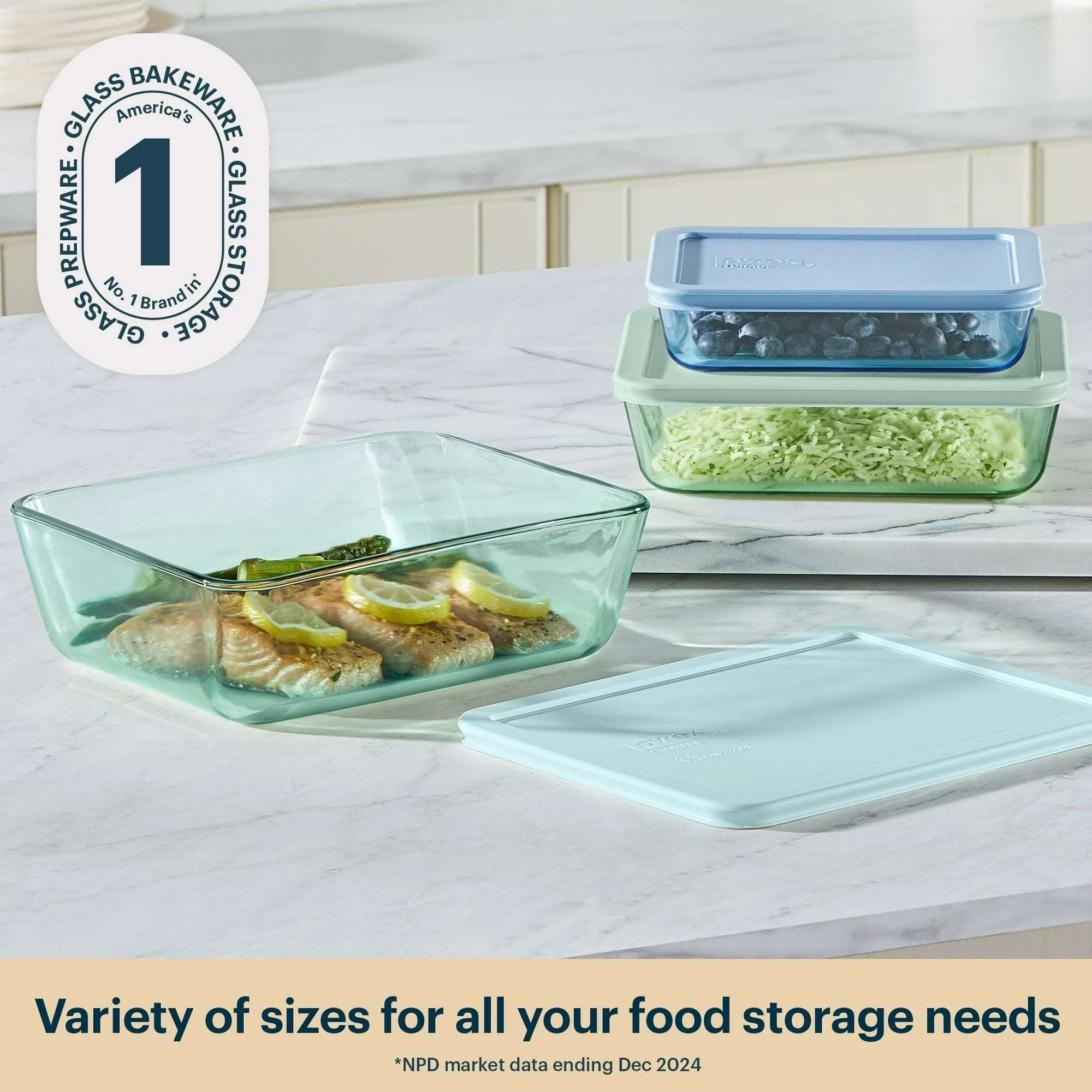 Pyrex Simply Store Tinted 6-piece Rectangle Storage Set with Plastic Lids, Green/Blue/Aqua - Image 4