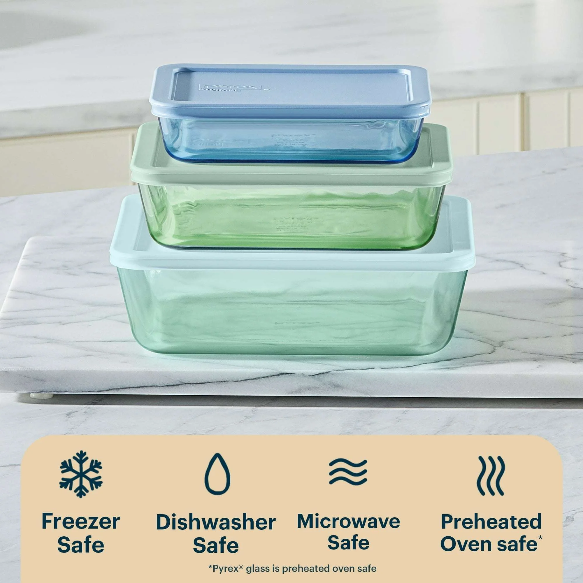 Pyrex Simply Store Tinted 6-piece Rectangle Storage Set with Plastic Lids, Green/Blue/Aqua - Image 5