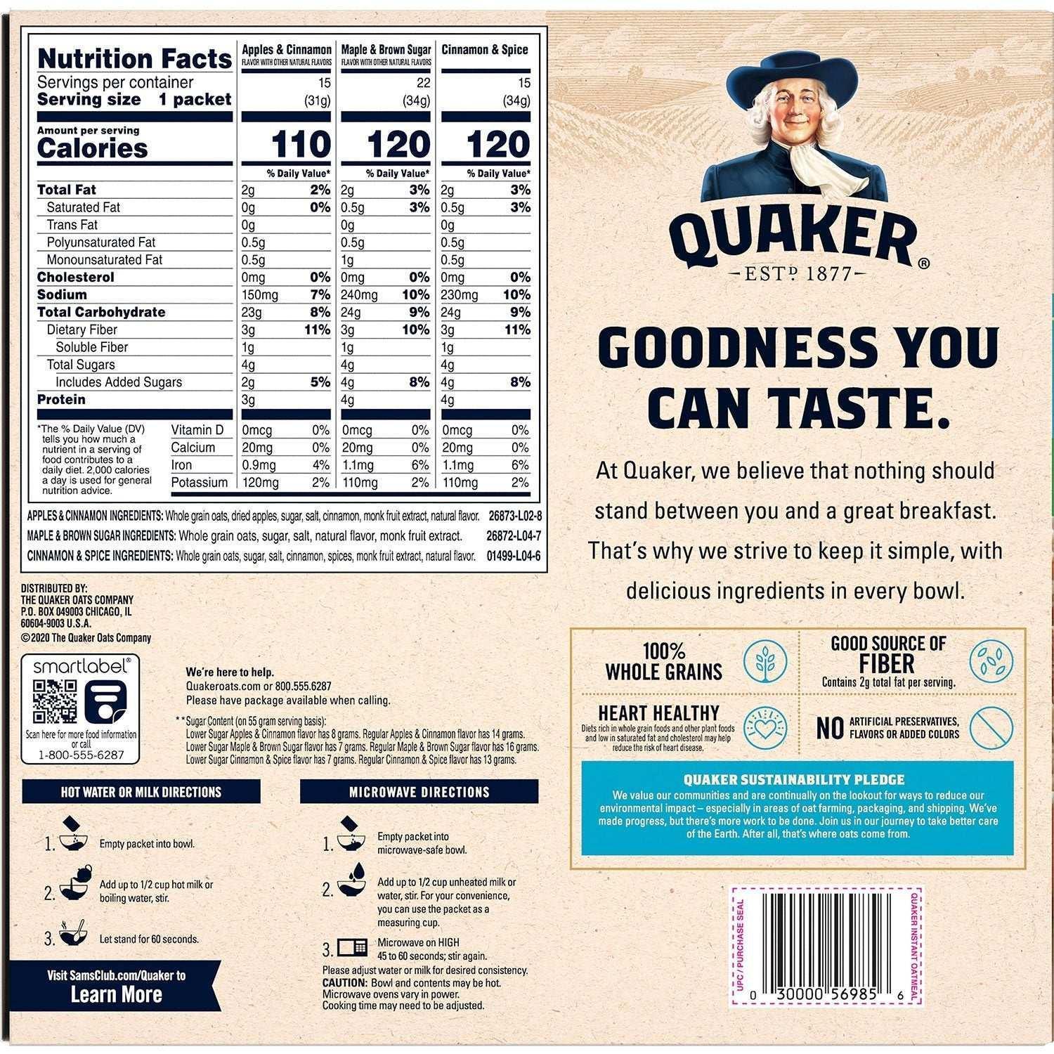 Quaker Lower Sugar Instant Oatmeal, Variety Pack, 1.17 oz., 52 pk. - Image 4