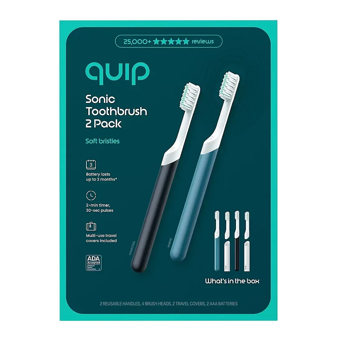quip Sonic Electric Toothbrushes, Marine and Charcoal, with 4 Replacement Brush Heads, 2 pk. - Image 2