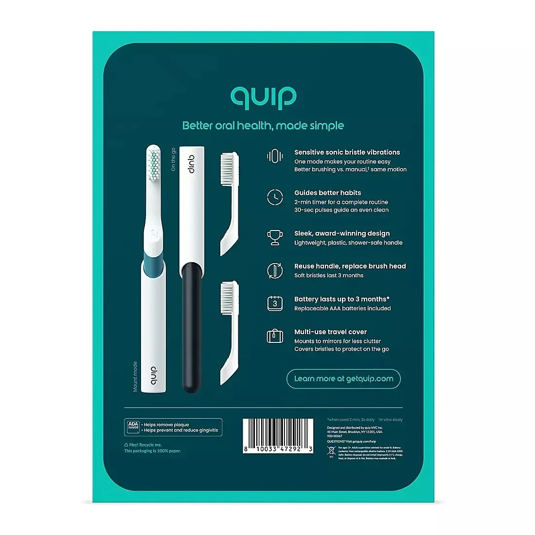 quip Sonic Electric Toothbrushes, Marine and Charcoal, with 4 Replacement Brush Heads, 2 pk. - Image 3